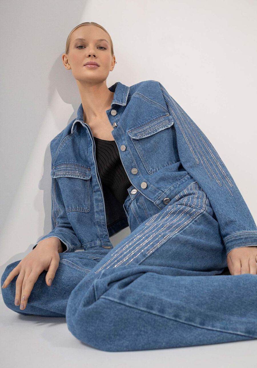 Calça Jeans Reta Super Alta com Strass, JEANS. Calça Jeans Reta Super Alta com Strass, JEANS, large.