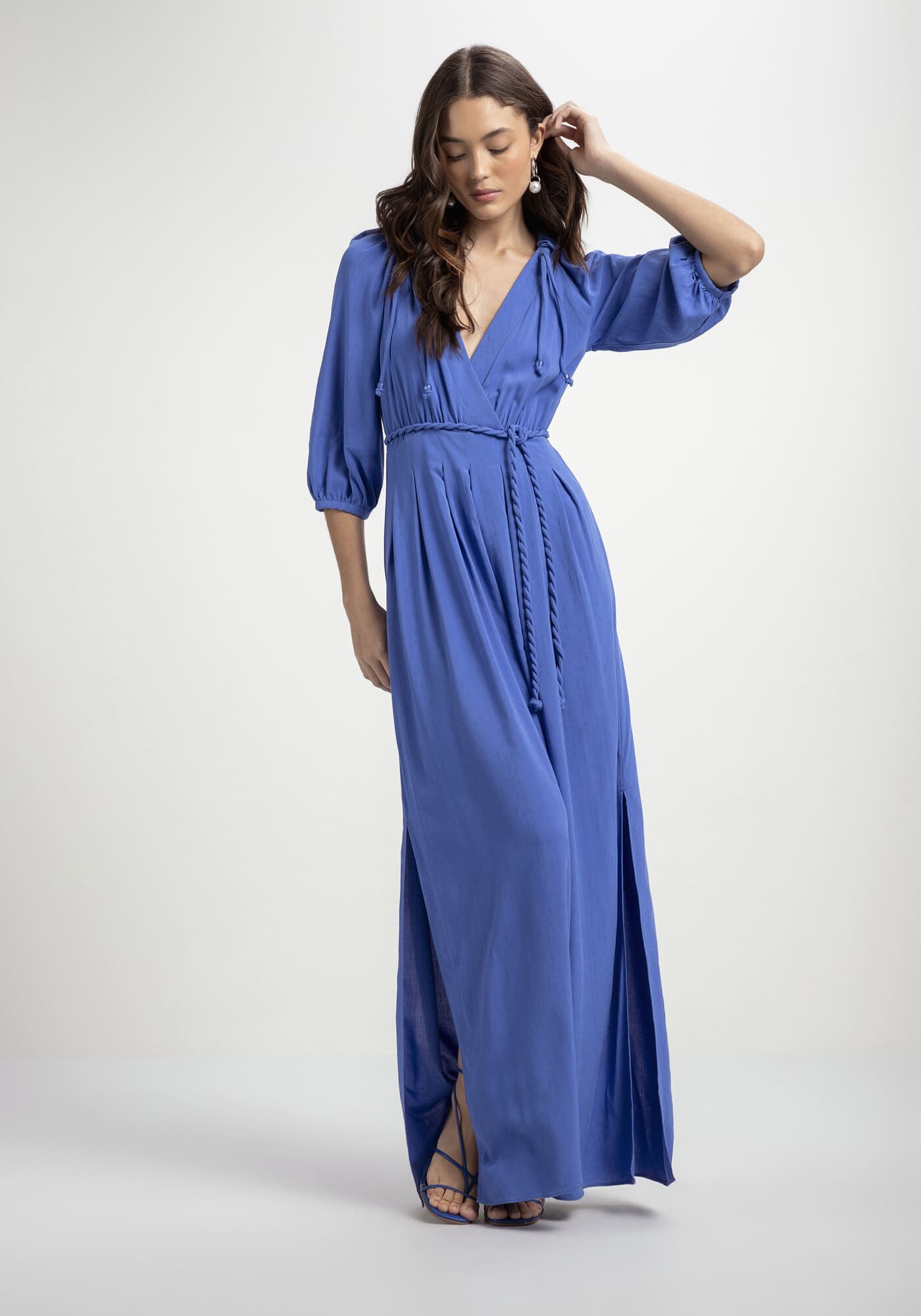Vestido longo manga tres quartos 2025