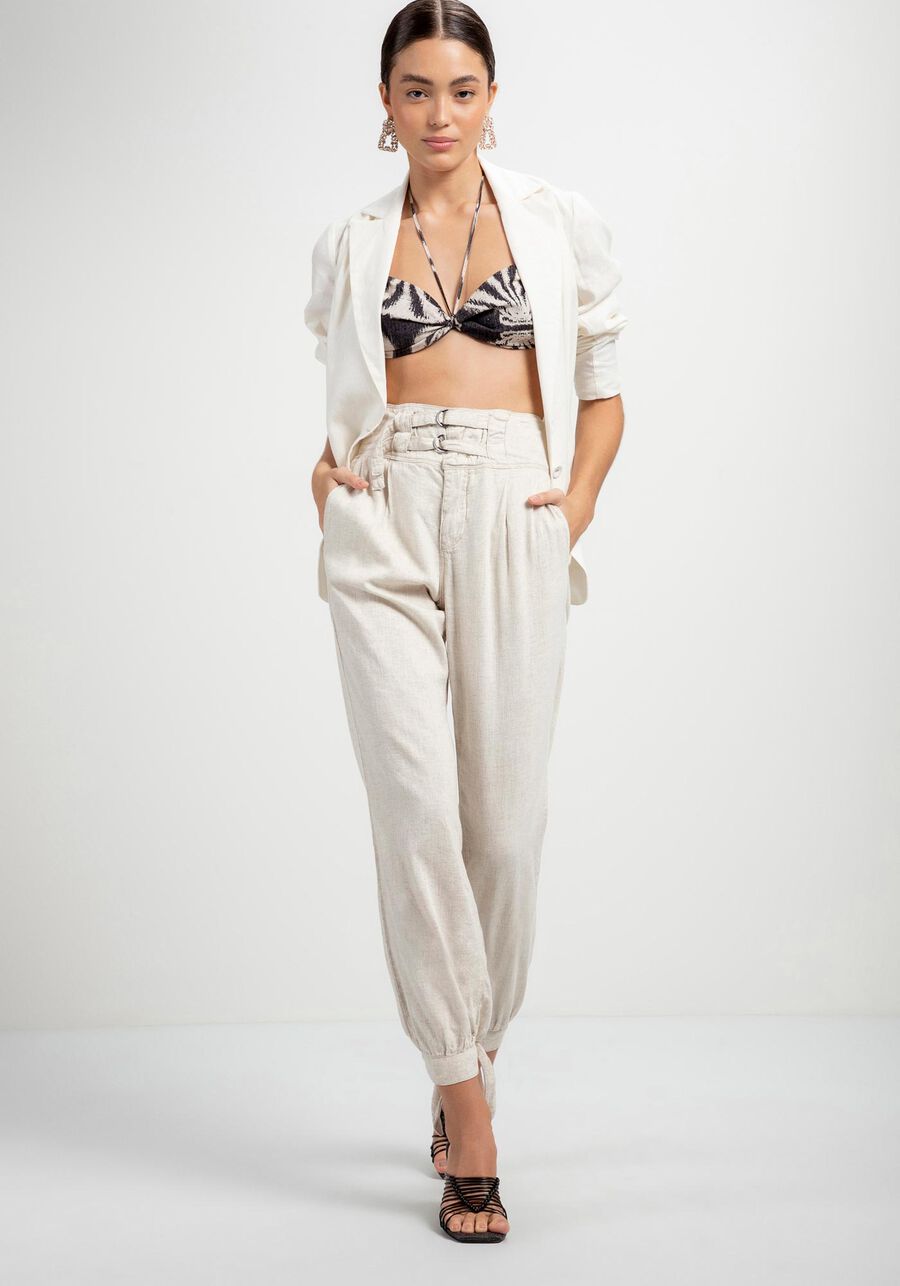 Calça em Tecido Eco com Detalhe Cós, BRANCO OFF WHITE. Calça em Tecido Eco com Detalhe Cós, BRANCO OFF WHITE, large.