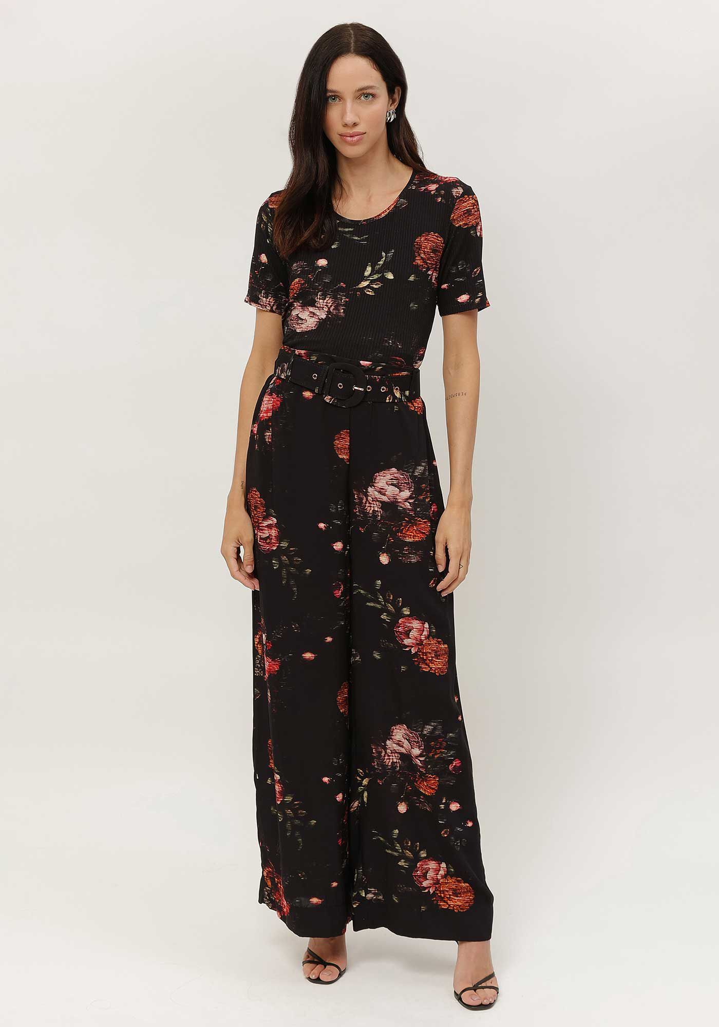 Blusa Estampada Canelada com Manga Curta, , large.