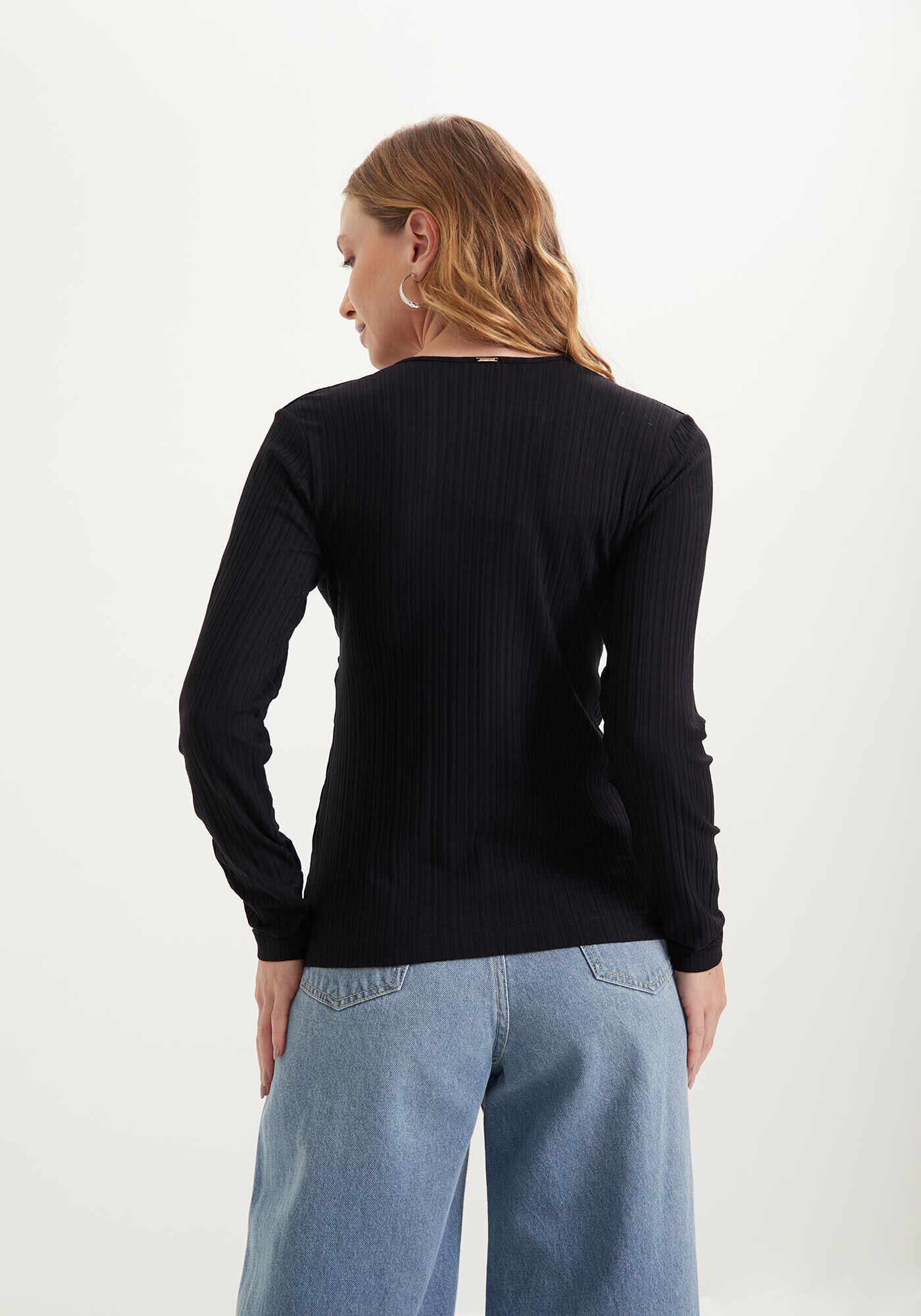 Blusa De Mangas Longas Em Malha Canelada De Viscose, , large.