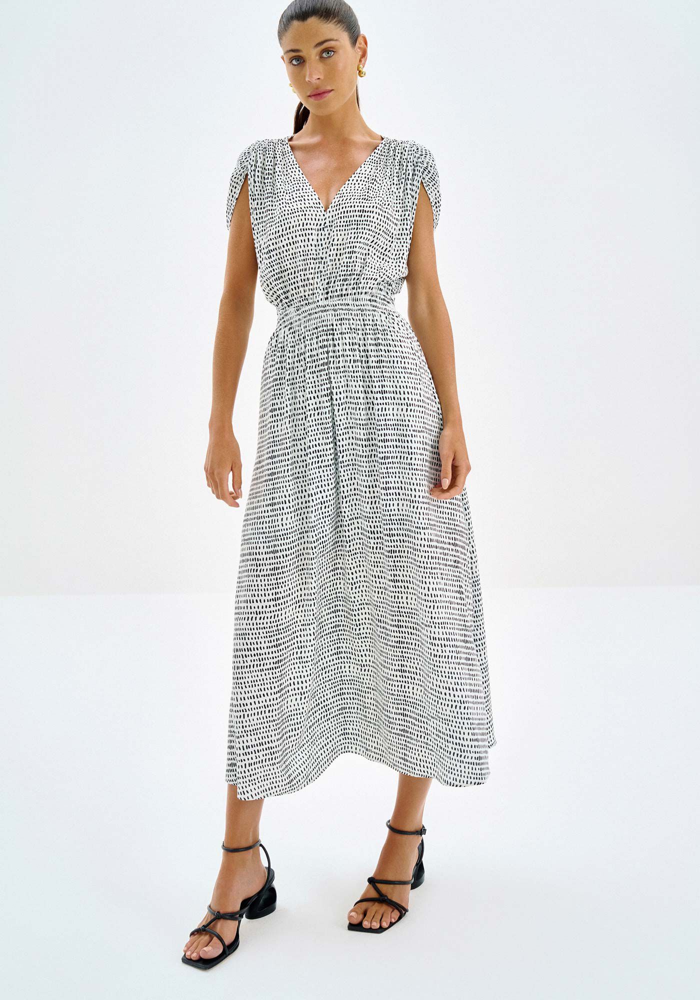 Vestido Midi Estampado em Viscose com El&aacute;stico, , large.