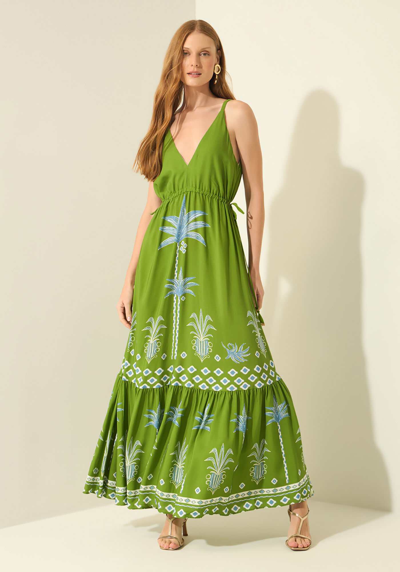 Vestido Longo De Al&ccedil;as Com Amarra&ccedil;&otilde;es Laterais, MAXI GRAVURA VERDE, large.