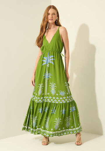 Vestido Longo De Alças Com Amarrações Laterais, MAXI GRAVURA VERDE. Vestido Longo De Alças Com Amarrações Laterais, MAXI GRAVURA VERDE, large.