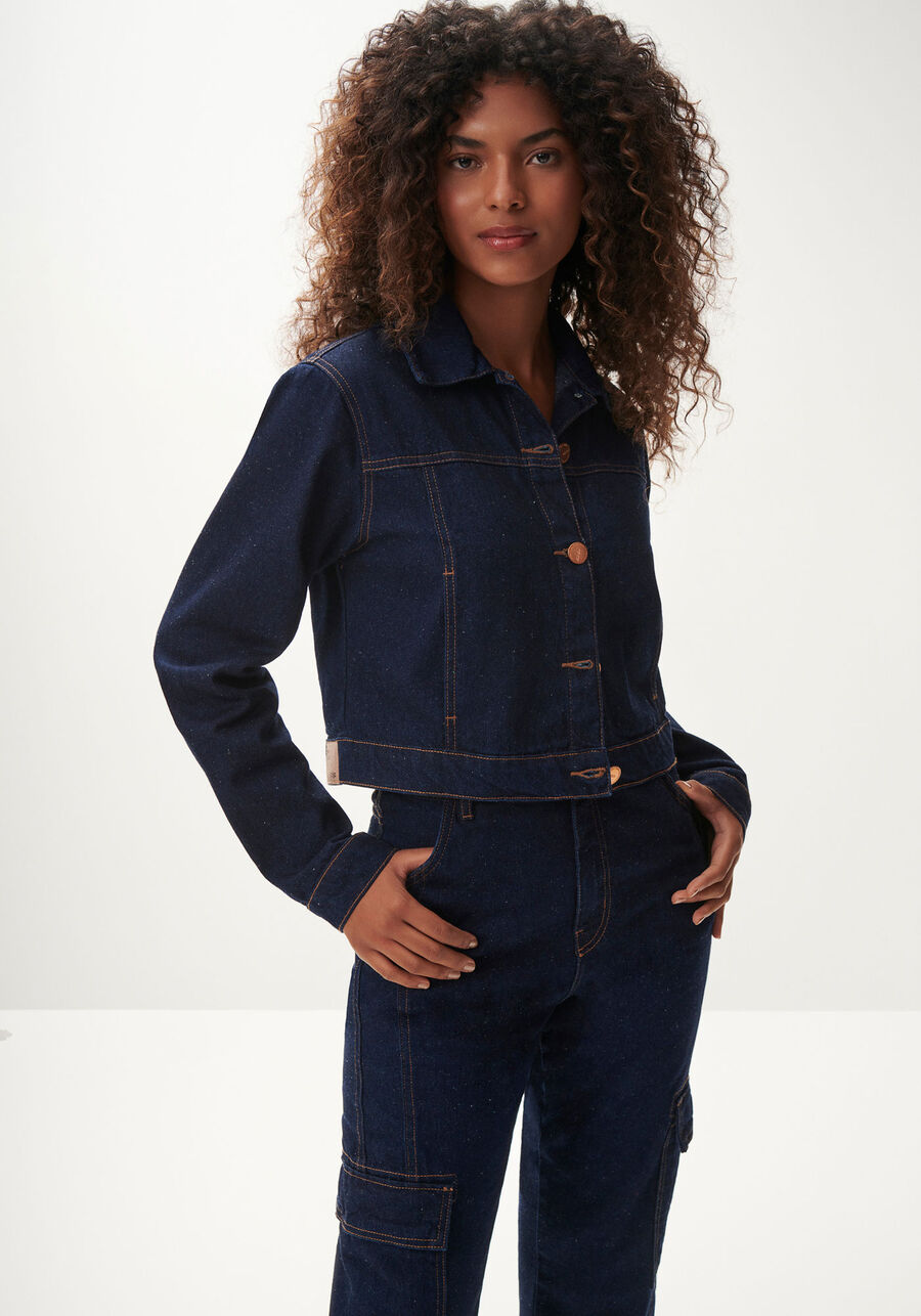 Jaqueta Jeans Cropped Sustentável, JEANS. Jaqueta Jeans Cropped Sustentável, JEANS, large.