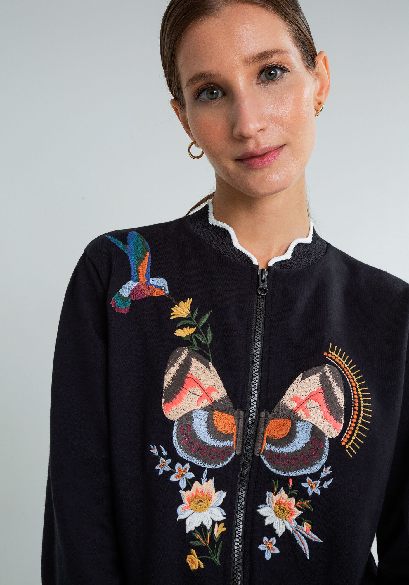 Jaqueta Manga Longa com Bordado, PRETO, large.