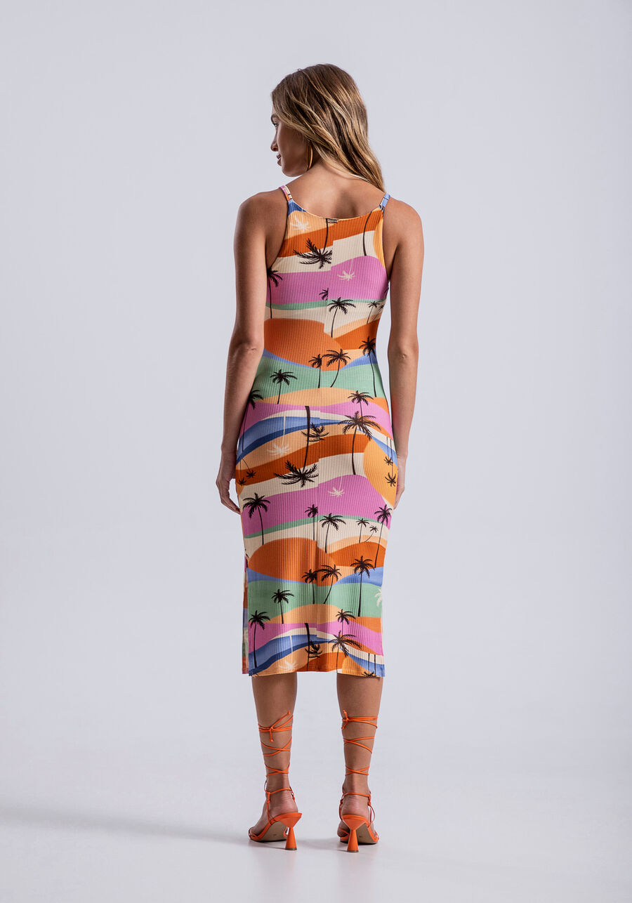 Vestido Midi Canelado Estampado com Fenda, VENTO. Vestido Midi Canelado Estampado com Fenda, VENTO, large.