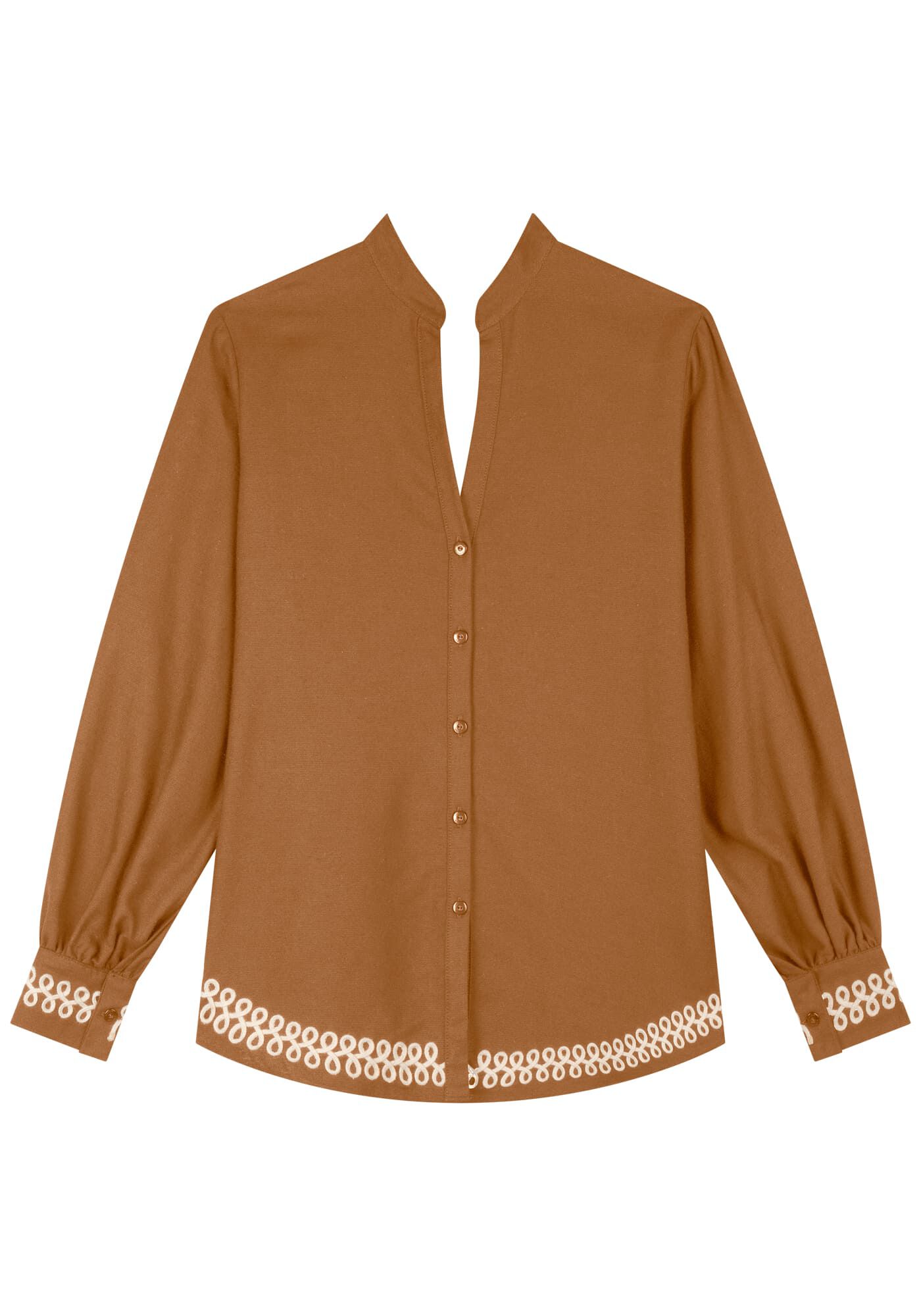 Camisa Alongada Com Mangas Amplas E Bordados Em Alto Relevo, , large.