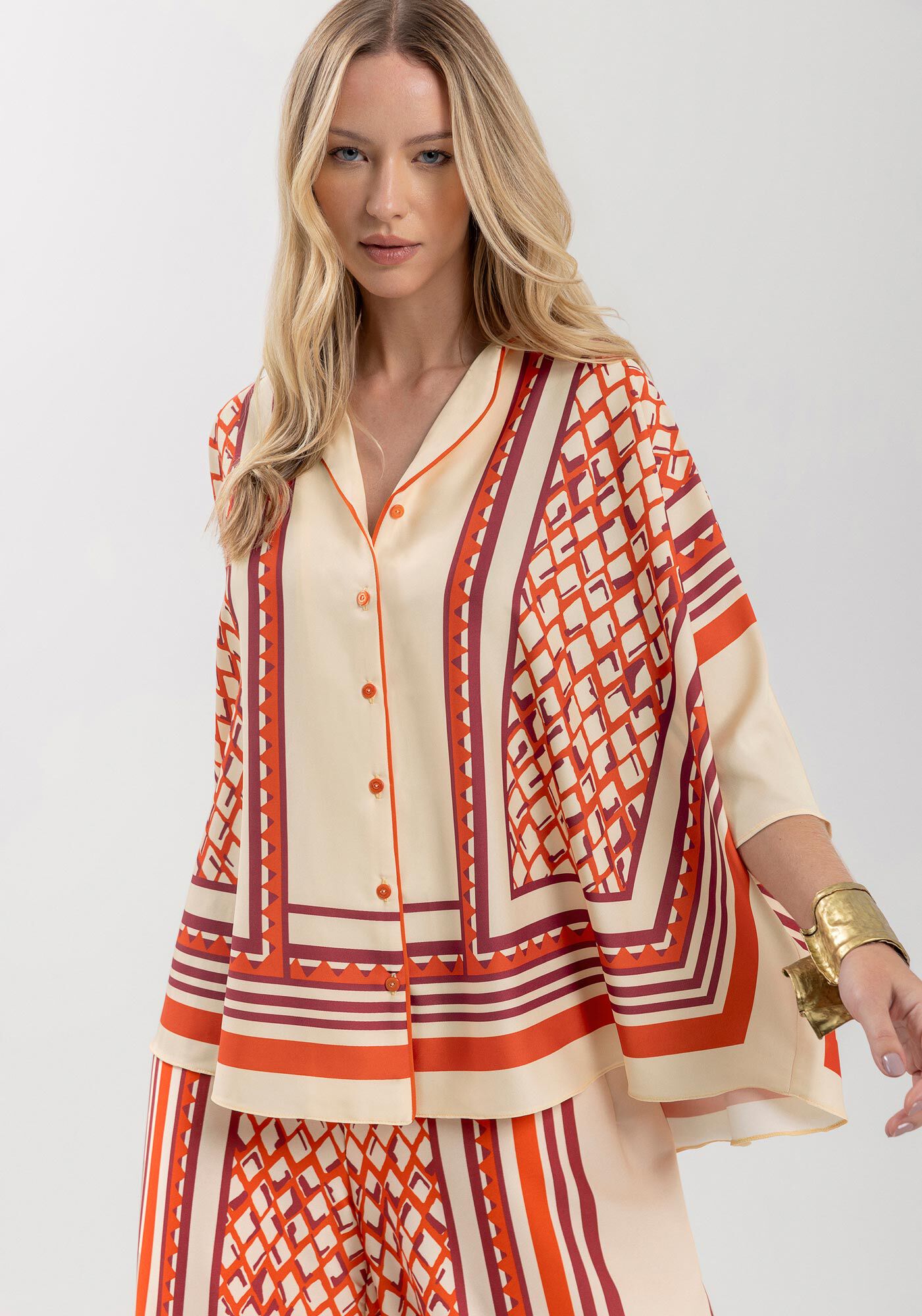 Camisa Estampada Overshirt Com Mangas 3/4, CONTINUOUS LARANJA, large.