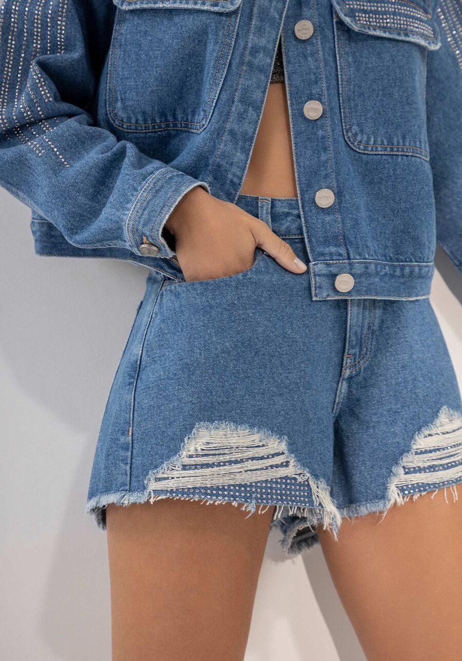 Shorts Jeans Linha A Destroyed com Strass, JEANS, large.