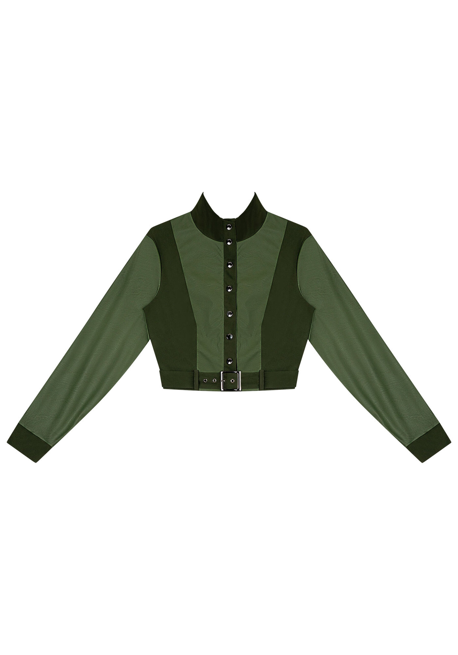 Jaqueta Cropped Gola Alta com Recortes PU, VERDE TURFA. Jaqueta Cropped Gola Alta com Recortes PU, VERDE TURFA, large.