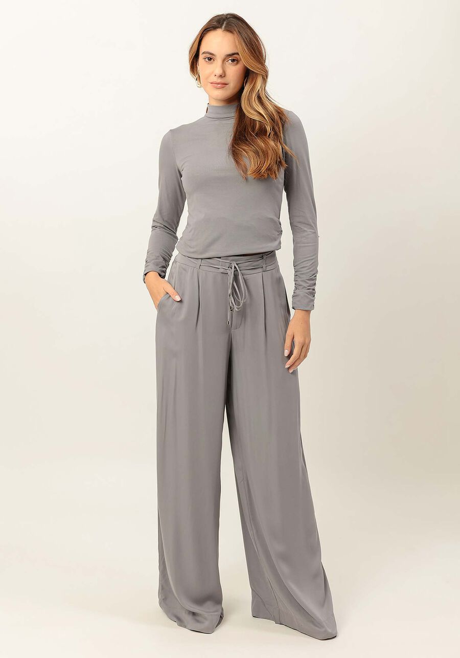 Blusa Manga Longa Franzida com Gola Alta, CINZA LAVANDER BLUSH. Blusa Manga Longa Franzida com Gola Alta, CINZA LAVANDER BLUSH, large.
