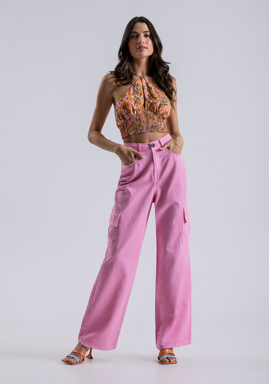 Calça Sarja Wide Leg com Bolso Cargo, ROSA FABULOUS. Calça Sarja Wide Leg com Bolso Cargo, ROSA FABULOUS, large.