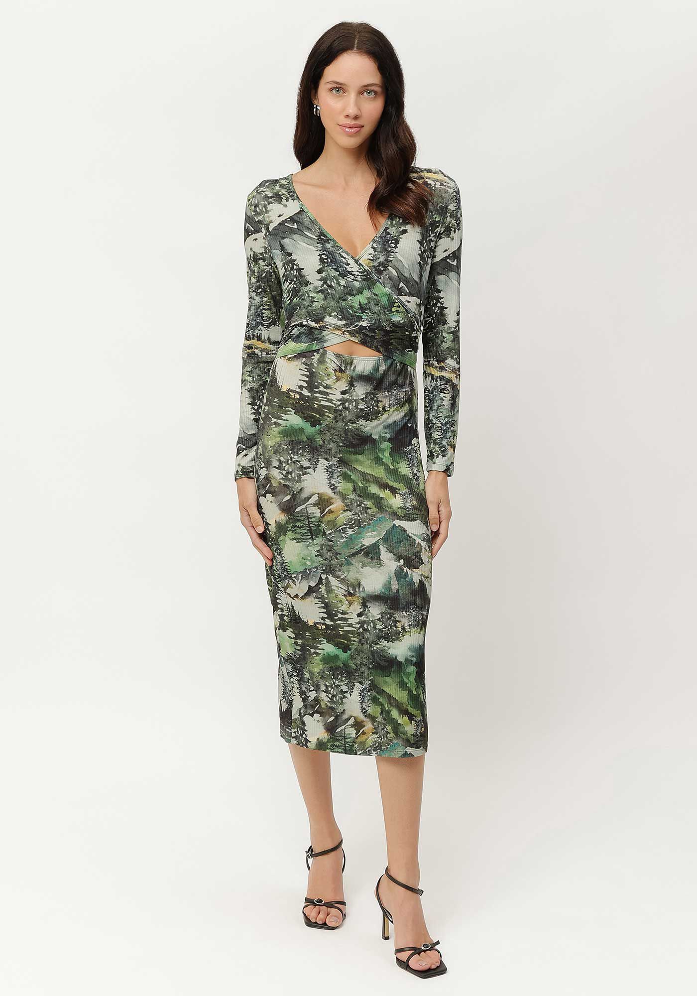 Vestido Midi Manga Longa Canelado Estampado, , large.