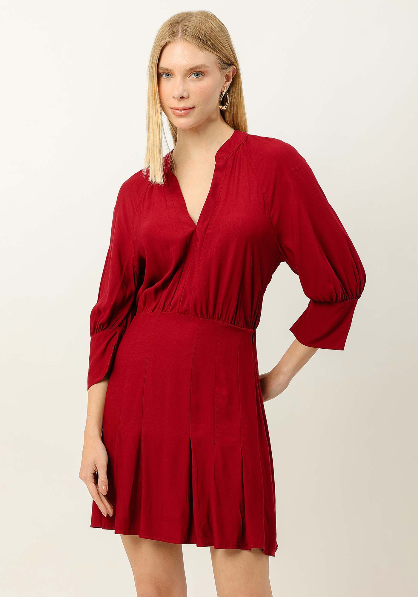 Vestido Curto Manga 3/4 com Pregas, , large.