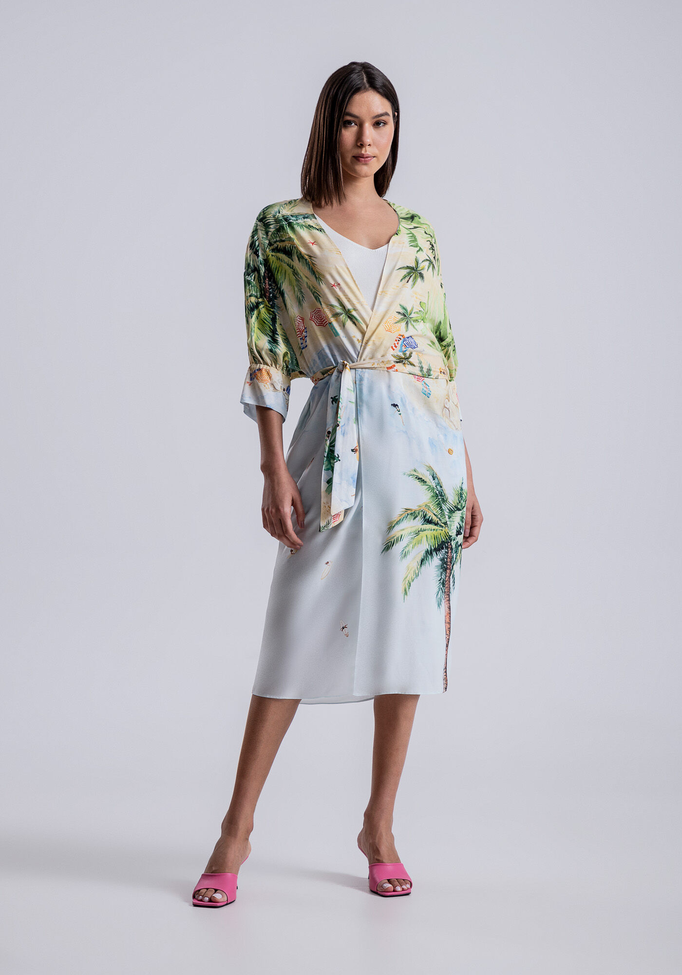 Kimono Alongado Manga 3/4 em Viscose com Cinto, ITACARE, large.