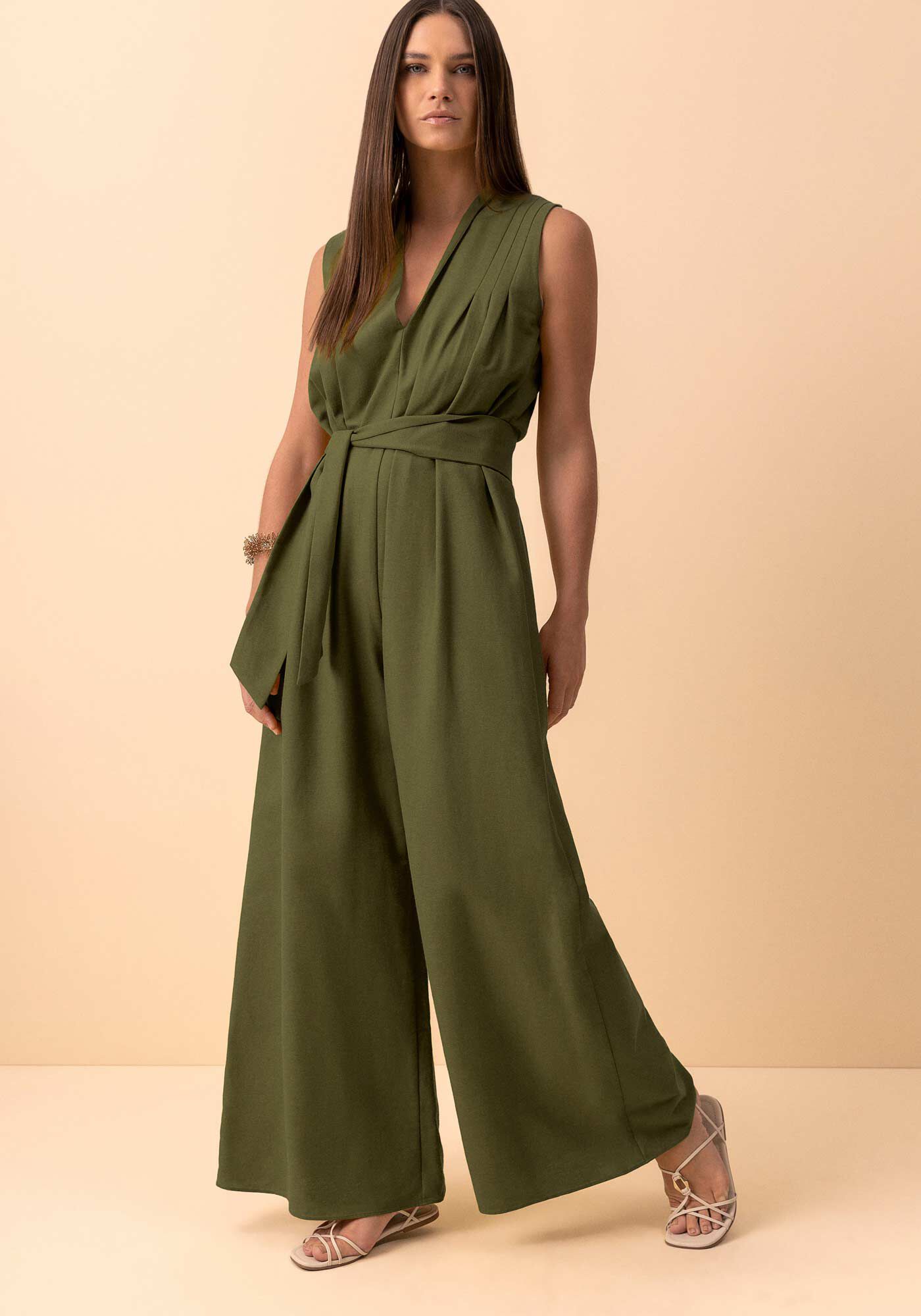 Macac&atilde;o Longo Amplo Com Decote Em V E Faixa, VERDE FLORENA, large.