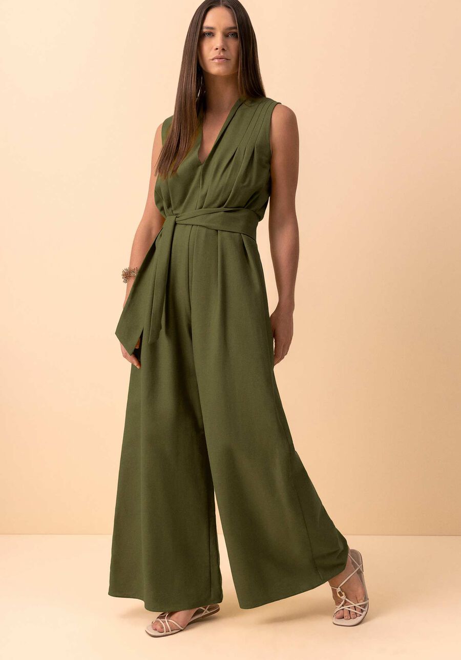 Macacão Longo Amplo Com Decote Em V E Faixa, VERDE FLORENA. Macacão Longo Amplo Com Decote Em V E Faixa, VERDE FLORENA, large.