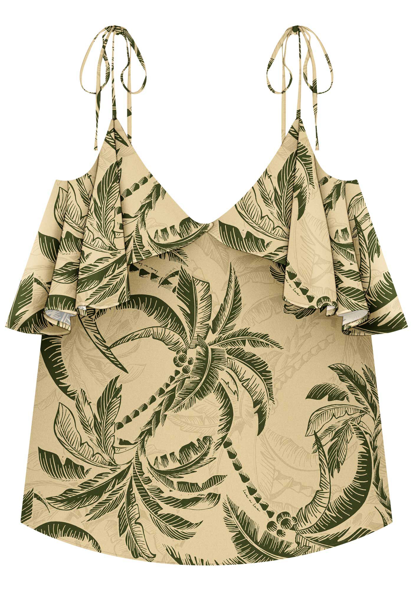 Blusa Fluida Estampada Com Babados E Al&ccedil;as De Amarrar, COQUEIRO BEGE, large.