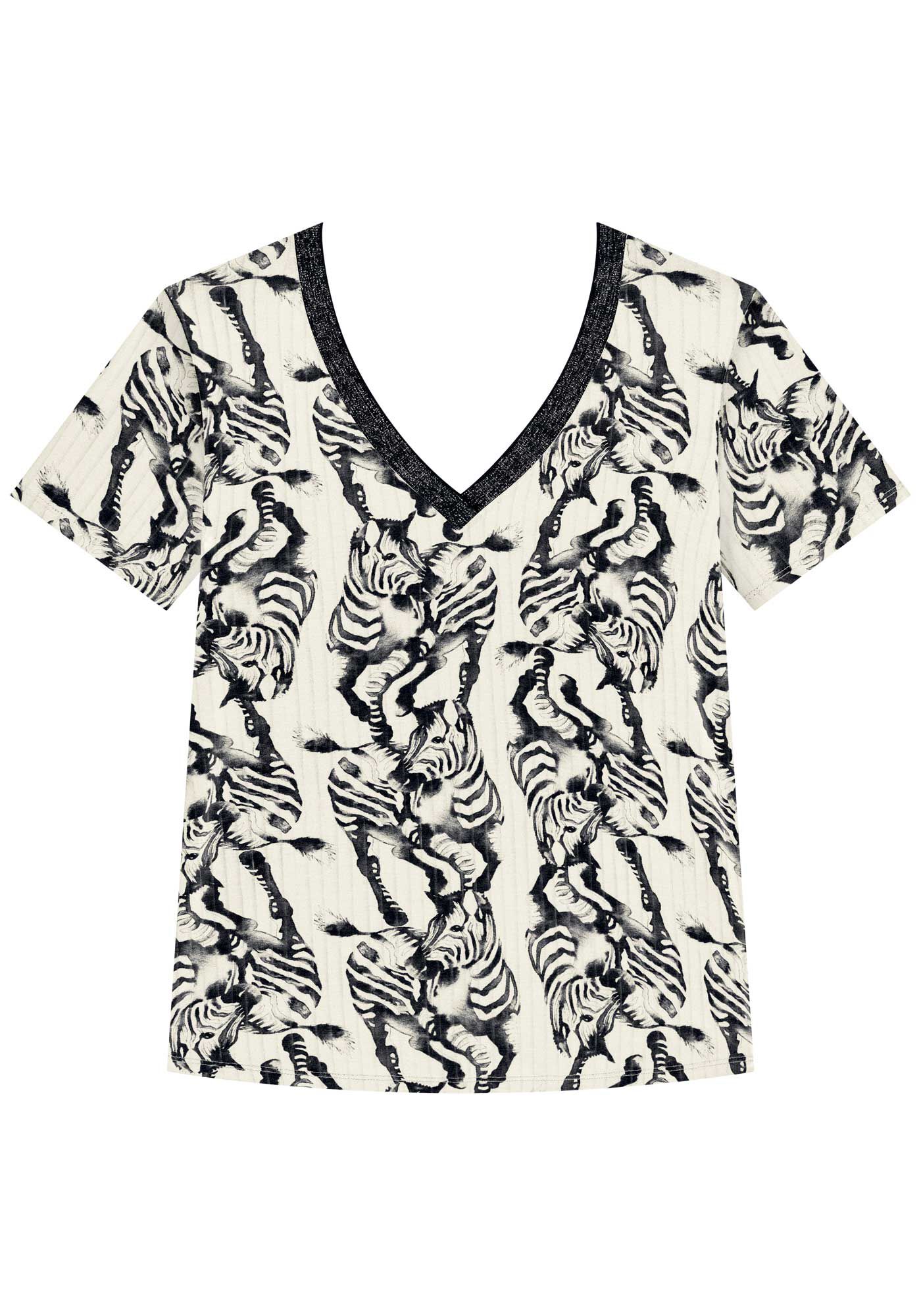 Blusa Estampada Com Mangas Curtas Em Malha De Viscose, , large.