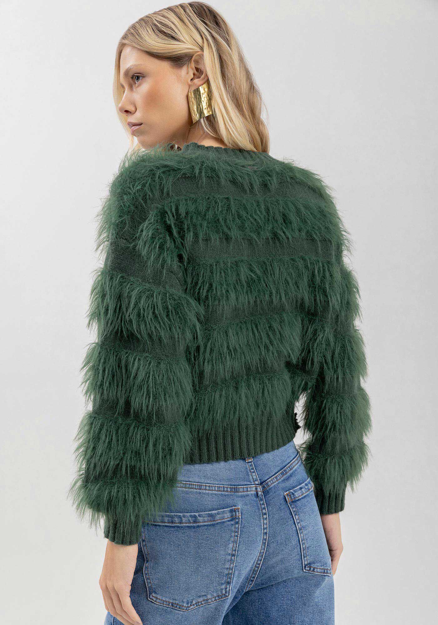 Blus&atilde;o De Mangas Longas Em Tric&ocirc; Com Pelos, , large.