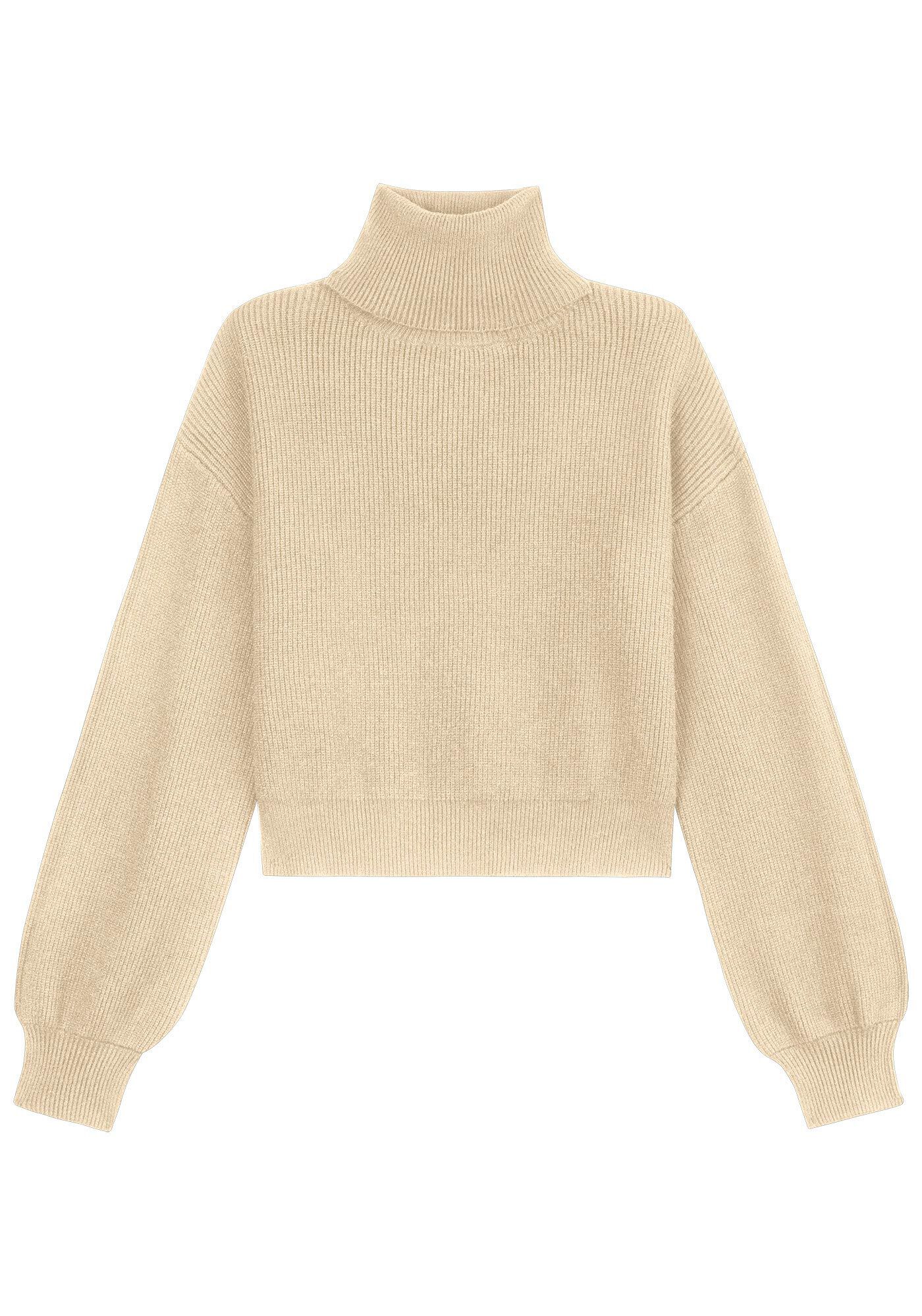 Blus&atilde;o Gola Alta em Tric&ocirc; com Manga Bufante, , large.