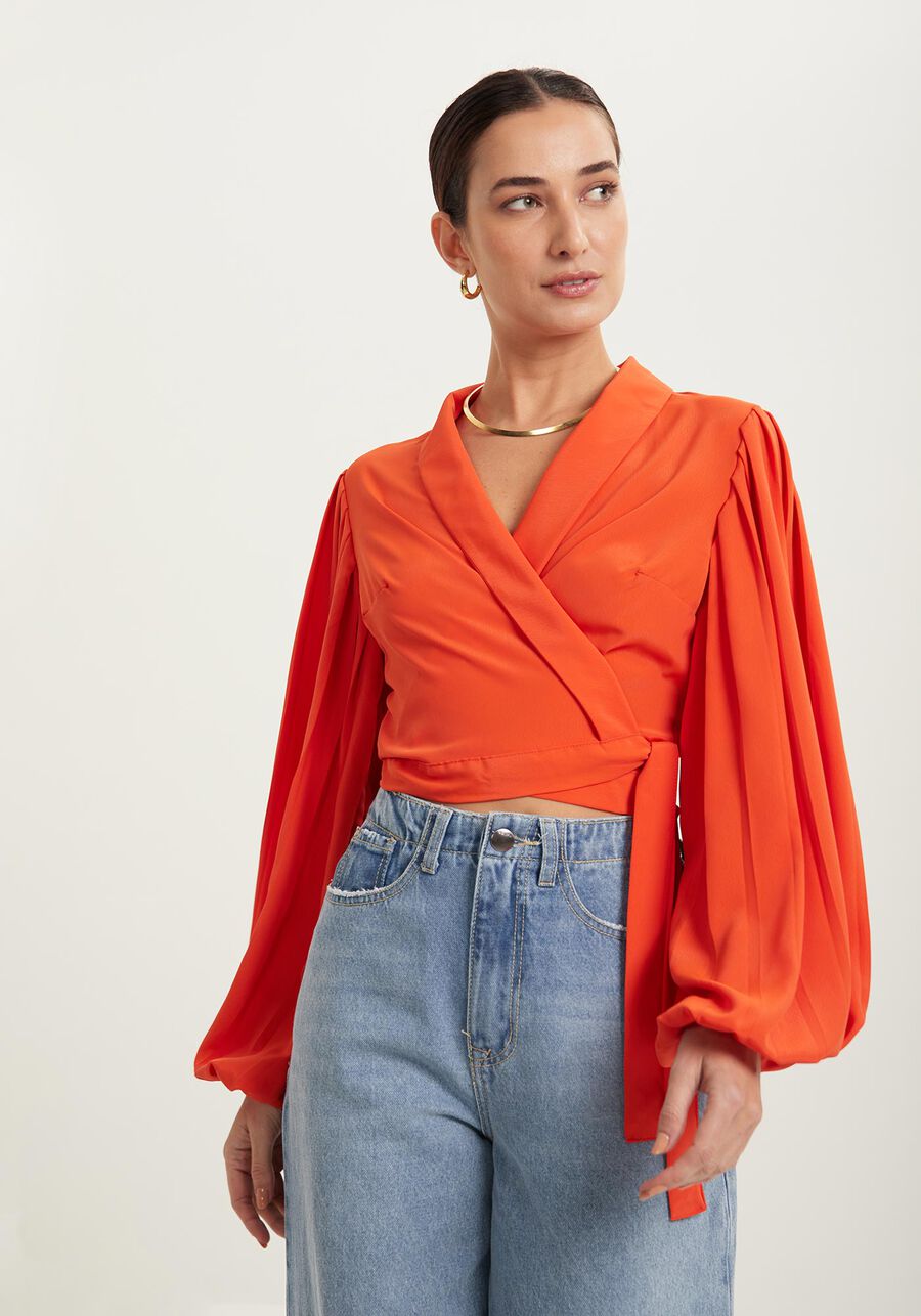 Blusa Curta Transpassada Com Mangas Longas Plissadas, LARANJA TOMILHO. Blusa Curta Transpassada Com Mangas Longas Plissadas, LARANJA TOMILHO, large.