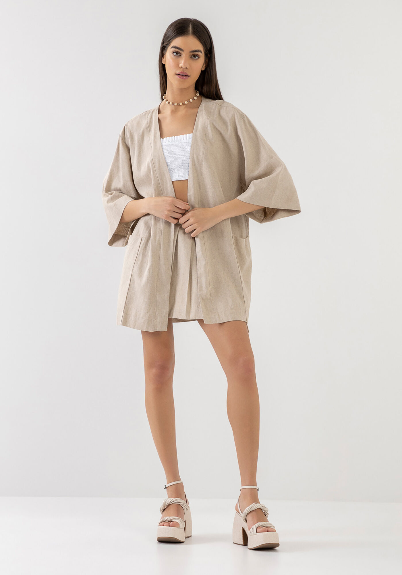 Kimono Alongado em Linho com Bolsos Lez a Lez