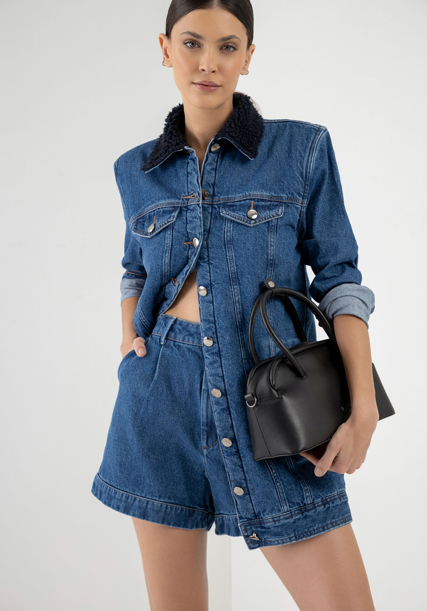 Jaqueta Jeans Alongada Forrada com Pelo, , large.