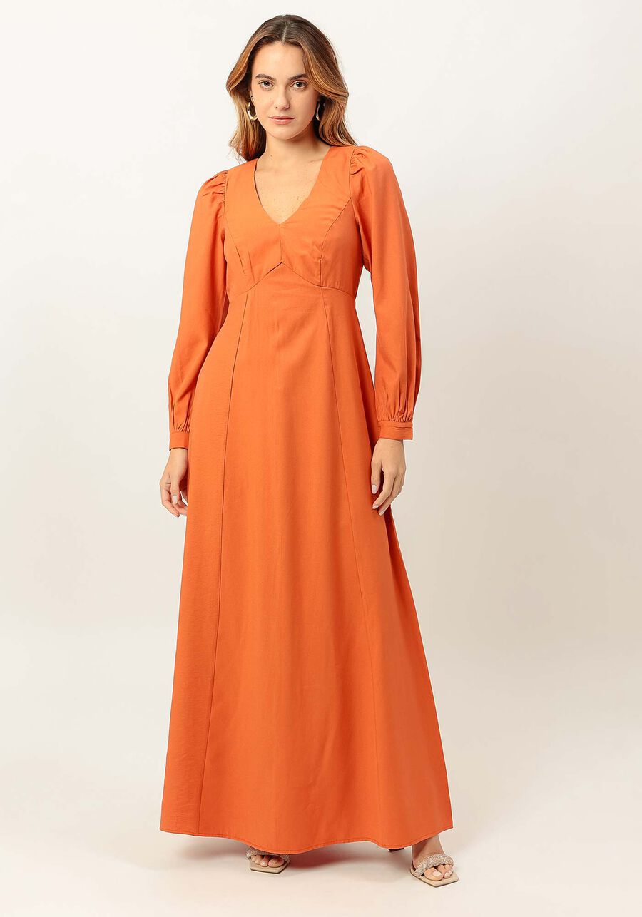 Vestido Longo com Manga Longa Bufante, LARANJA  RADIANTE. Vestido Longo com Manga Longa Bufante, LARANJA  RADIANTE, large.