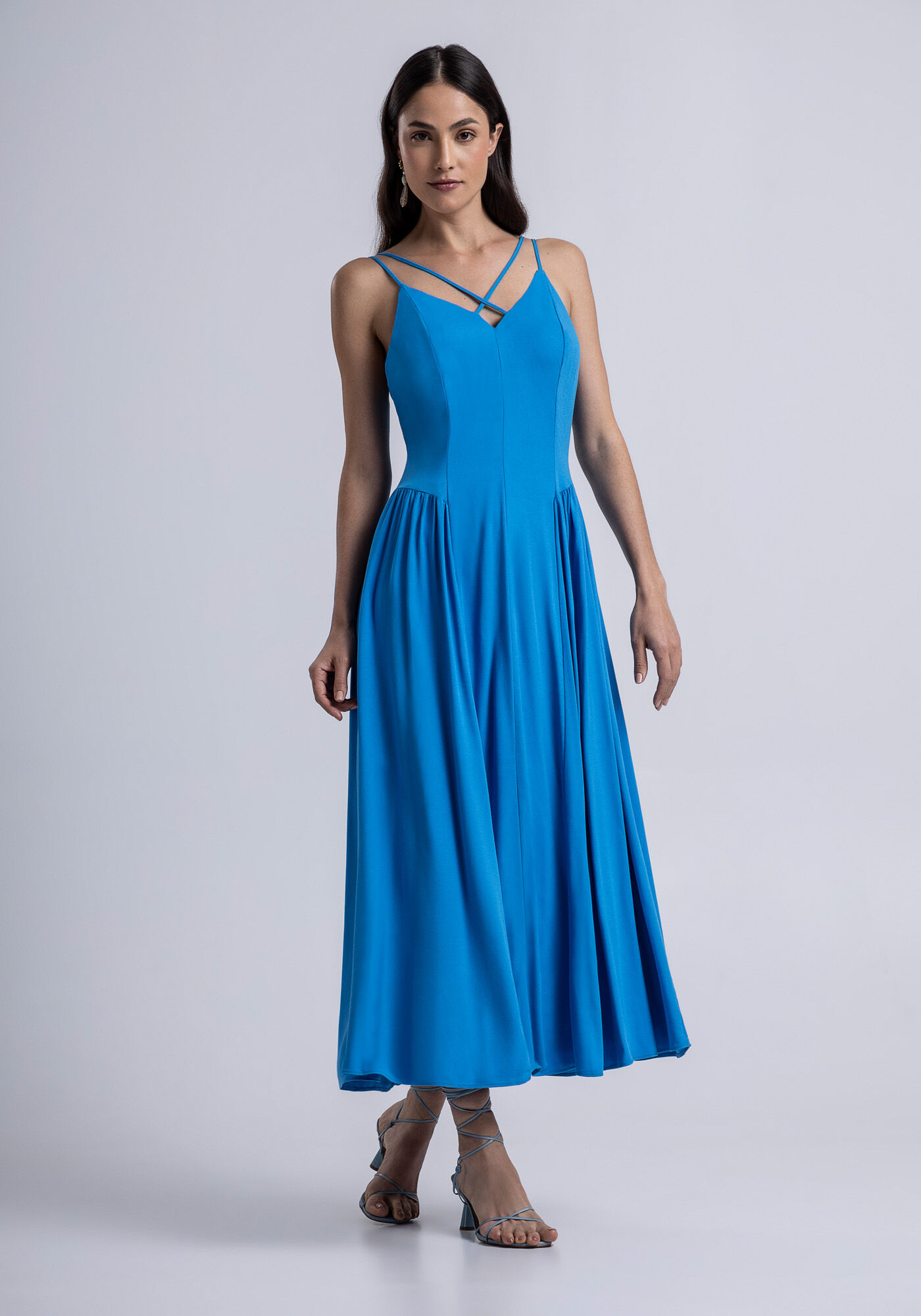 Vestido com Alças Midi em Crepe Detalhe Tiras | Lez a Lez