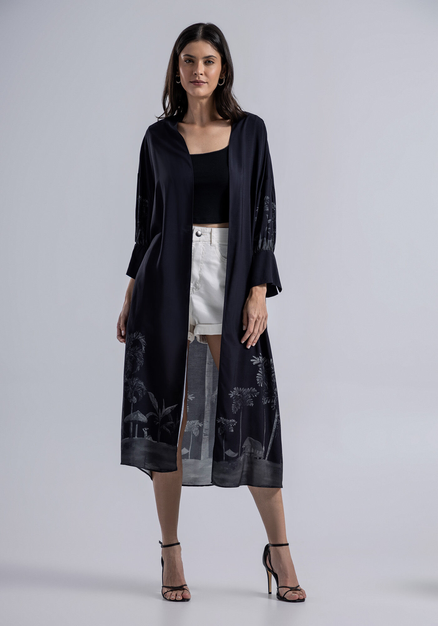 Kimono Alongado Manga 3 4 em Viscose com Cinto Lez a Lez