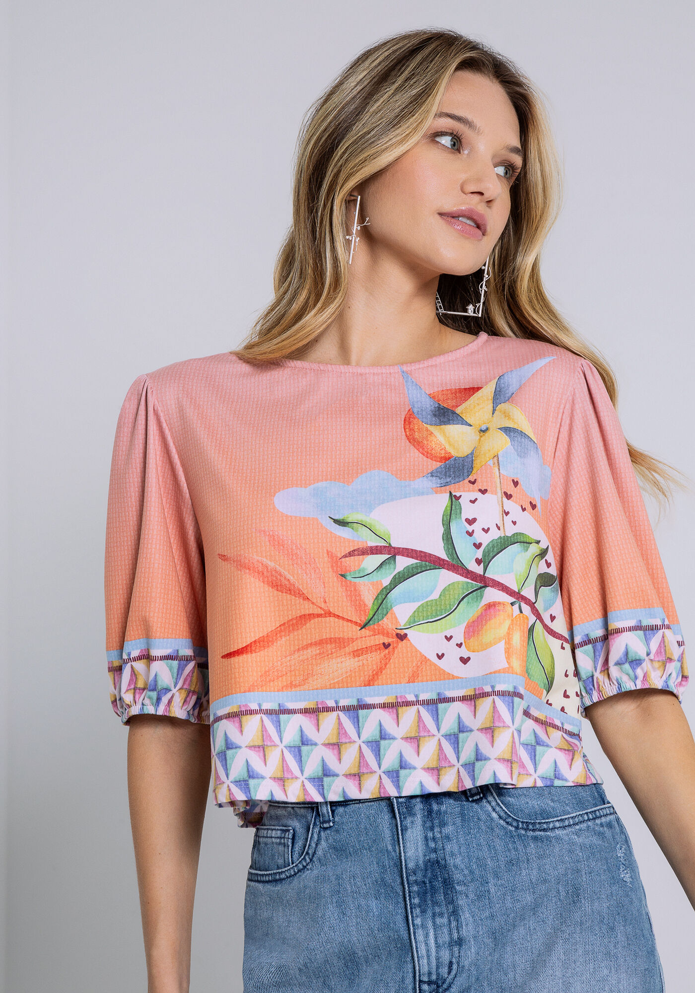 Blusa Cropped Ampla em Malha com Manga Bufante, LUDICA, large.