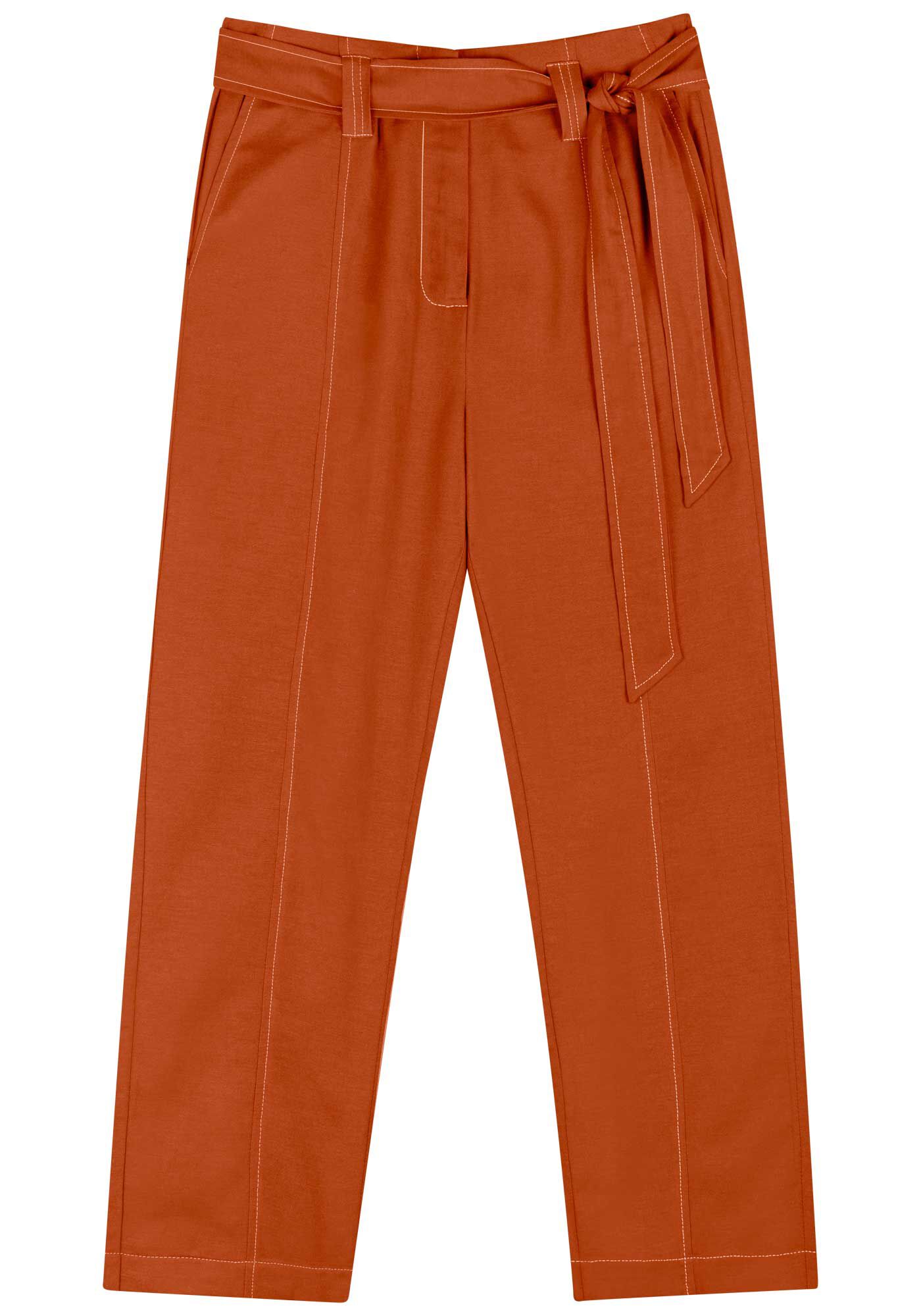 Cal&ccedil;a Reta De Cintura Alta Com Faixa E Pesponto Contrastante, MARROM SANDALWOOD, large.