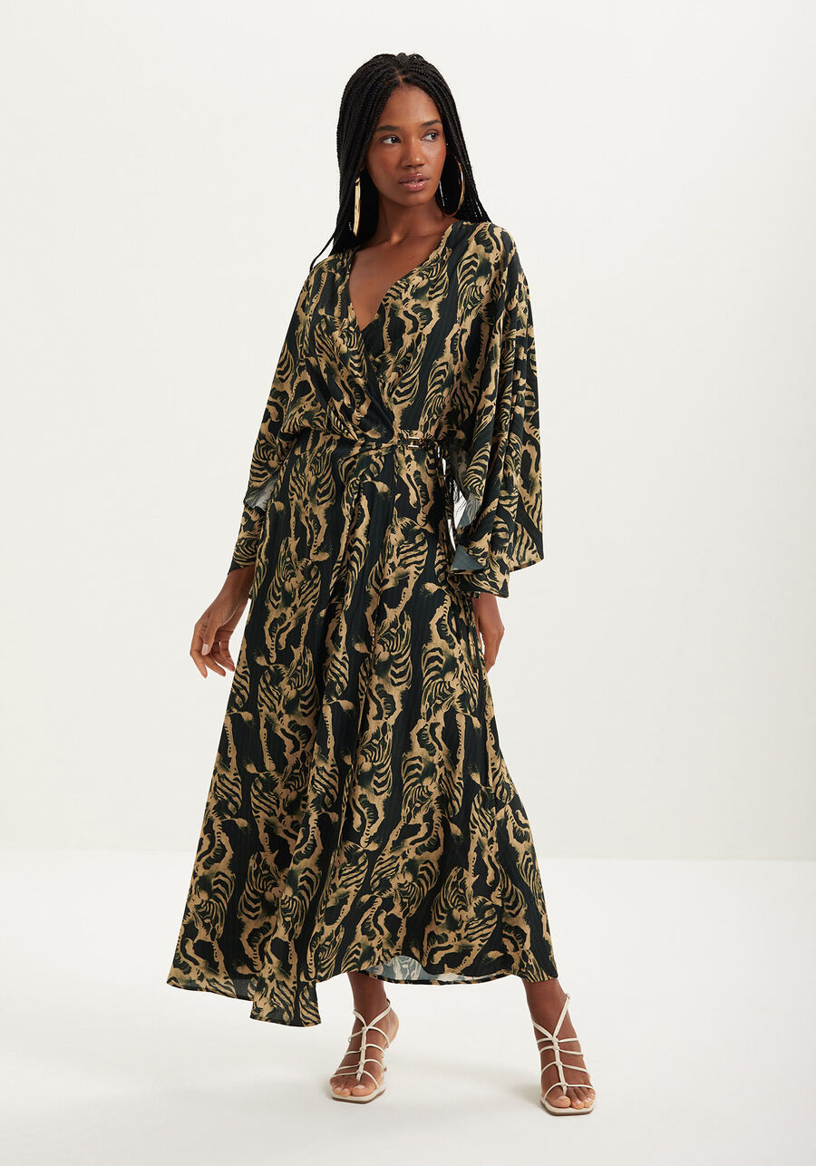 Vestido Chá Estampado Com Mangas Amplas E Enfeite, . Vestido Chá Estampado Com Mangas Amplas E Enfeite, , large.