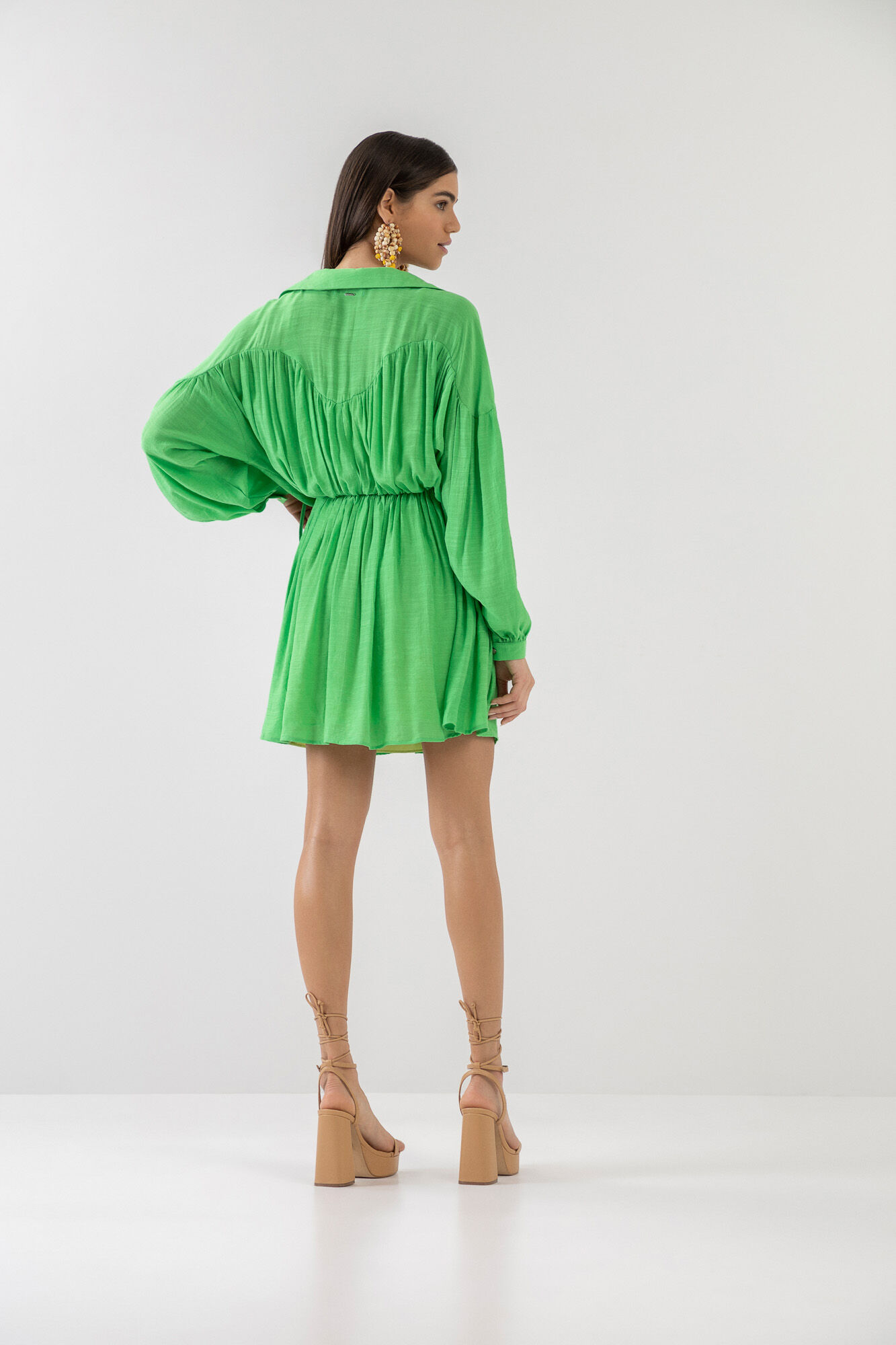 Vestido Curto Manga Longa com Franzido, VERDE GREEN FLAG, large.