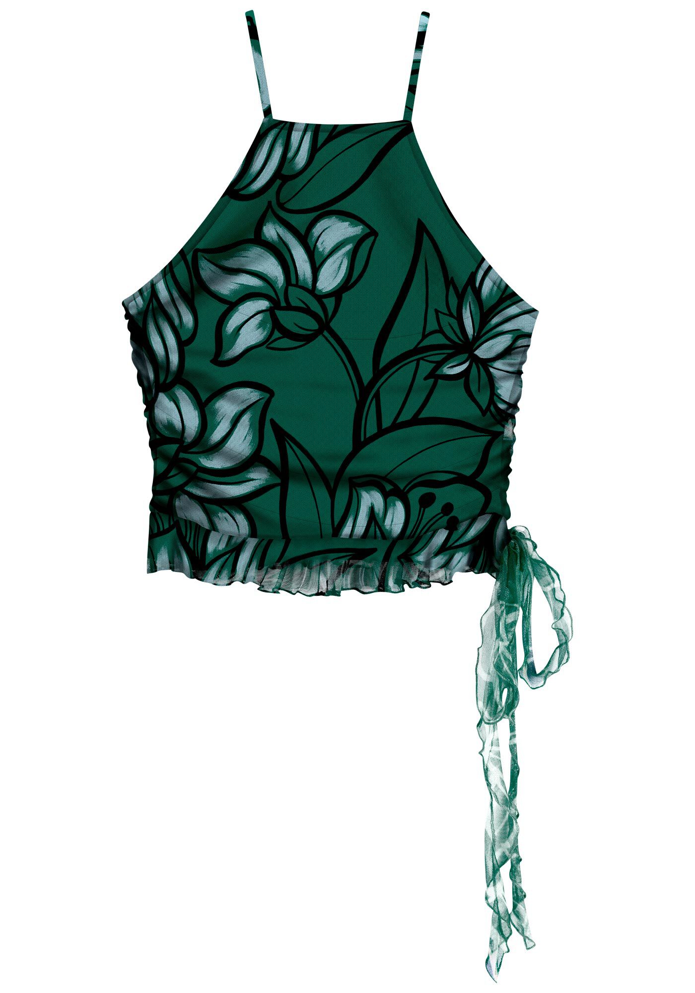 Blusa Curta Estampada De Al&ccedil;as Finas Em Tule, BELL FLOWERS VERDE, large.