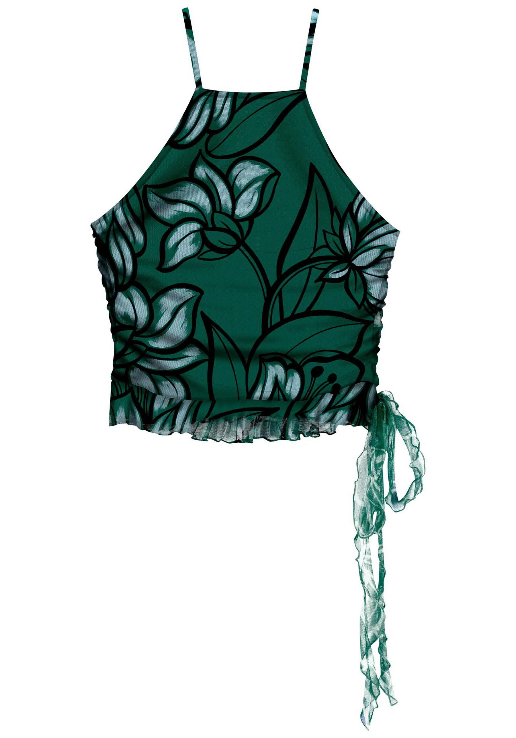 Blusa Curta Estampada De Alças Finas Em Tule, BELL FLOWERS VERDE. Blusa Curta Estampada De Alças Finas Em Tule, BELL FLOWERS VERDE, large.