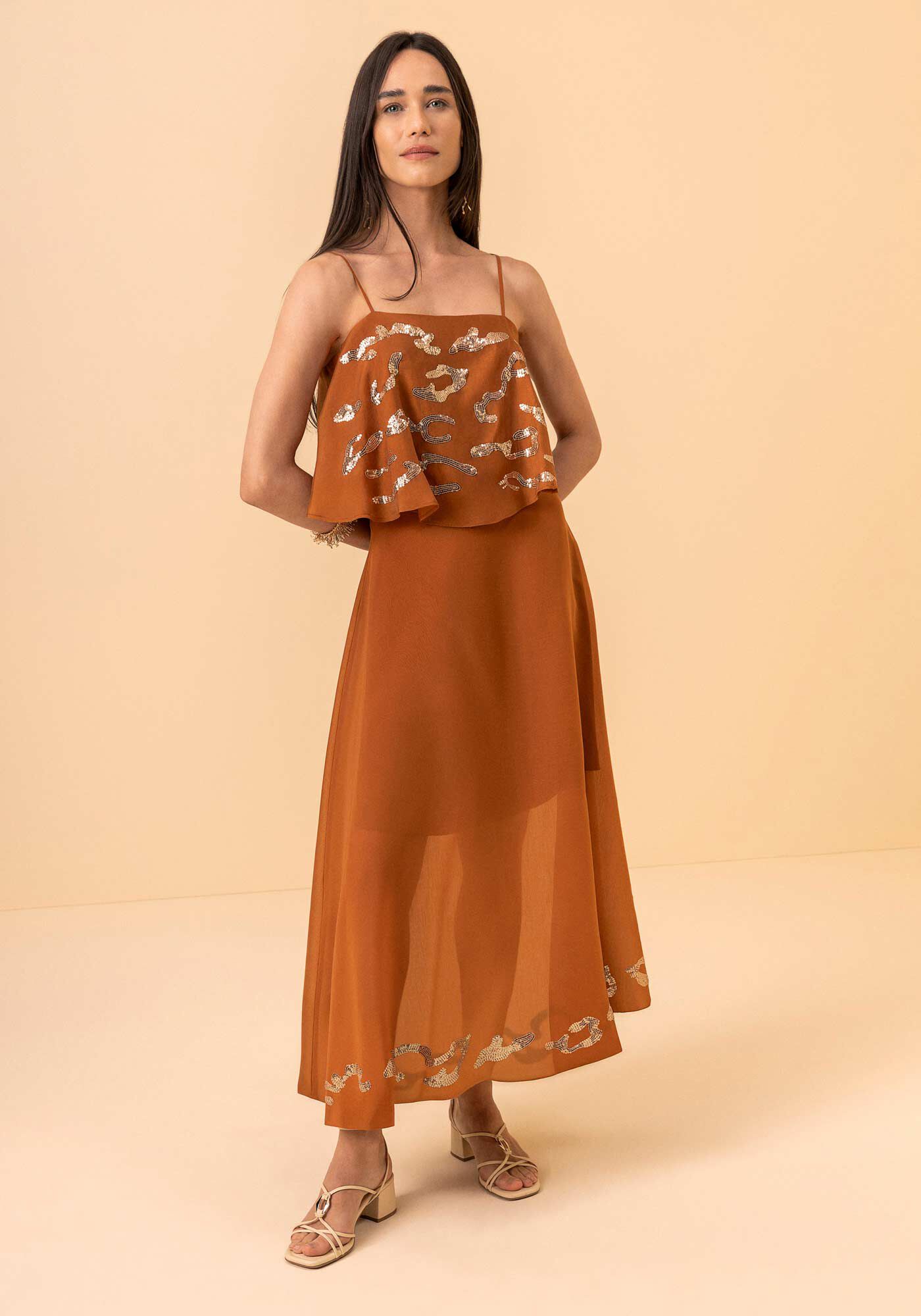 Saia De Cintura Alta Ch&aacute; Com Transpar&ecirc;ncia E Paet&ecirc;s Bordados, BEGE GLAZED, large.