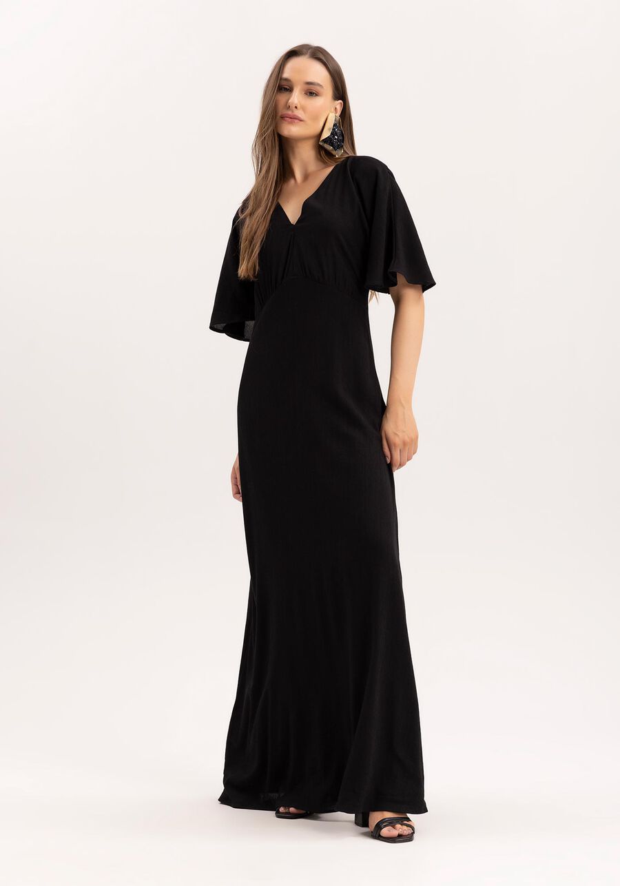 Vestido Longo em Viscose Texturizada com Manga Flare, PRETO REATIVO. Vestido Longo em Viscose Texturizada com Manga Flare, PRETO REATIVO, large.