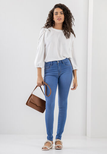 Calça Jeans Skinny Cintura Média com Elasticidade, JEANS CLARO, large.
