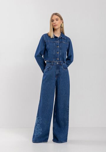 Calça Super Wide Leg Jeans Com Bordado E Cintura Alta, JEANS. Calça Super Wide Leg Jeans Com Bordado E Cintura Alta, JEANS, large.