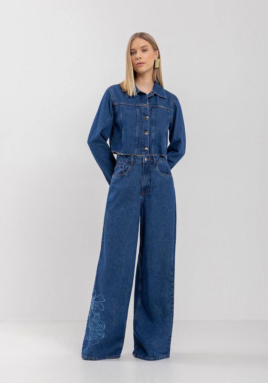 Calça Super Wide Leg Jeans Com Bordado E Cintura Alta, JEANS. Calça Super Wide Leg Jeans Com Bordado E Cintura Alta, JEANS, large.