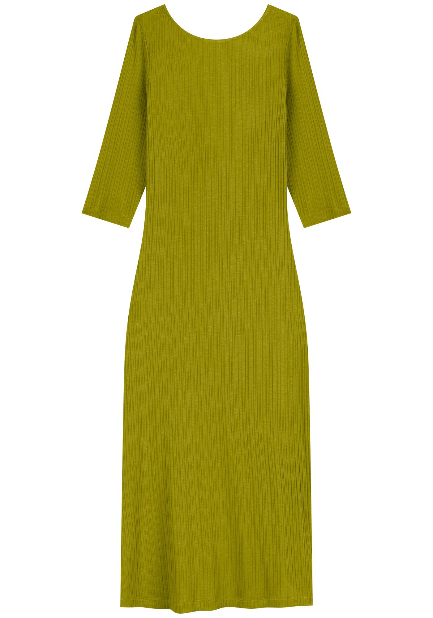 Vestido Midi Em Malha Canelada Com Fenda E Mangas M&eacute;dias, , large.