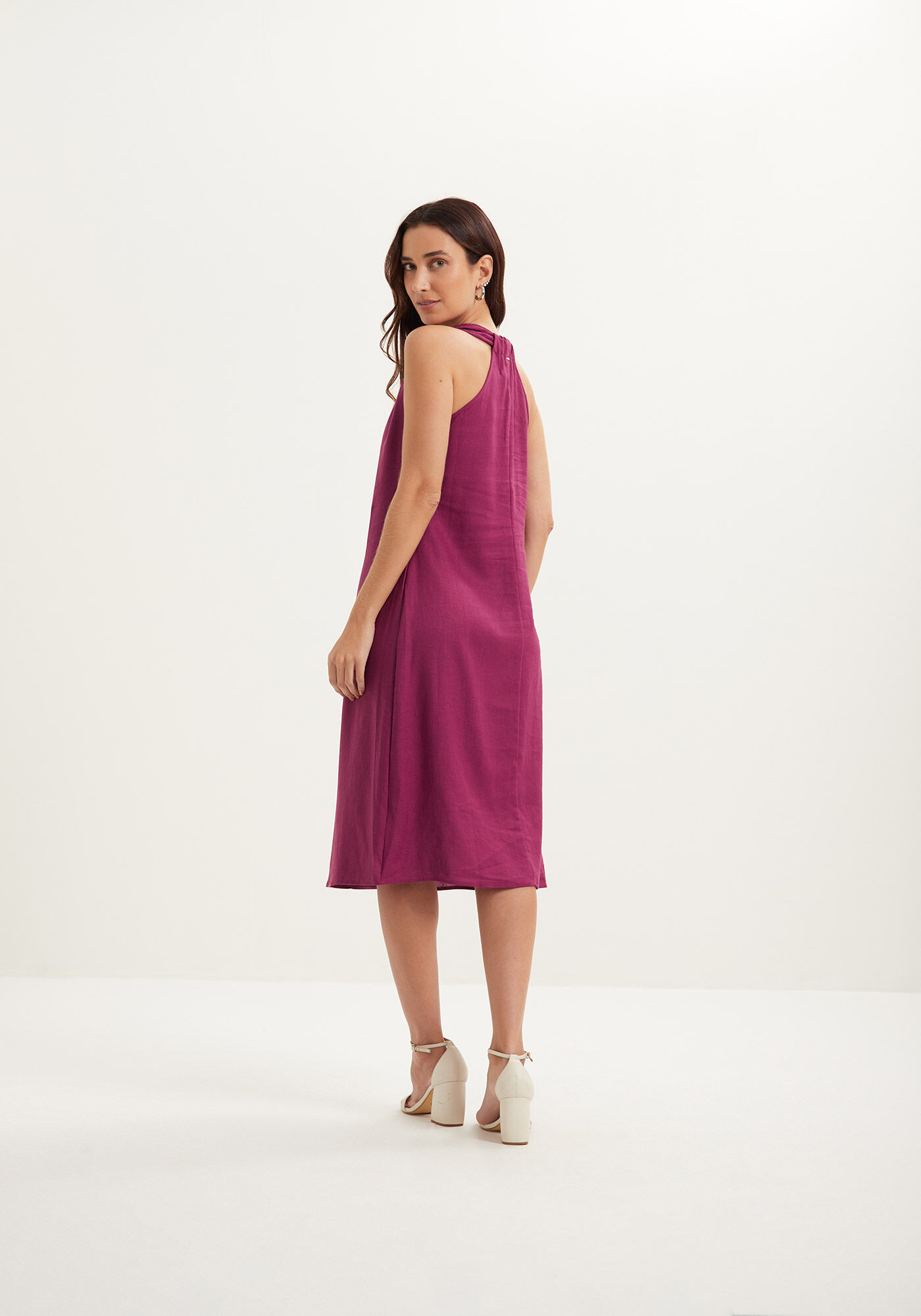 Vestido Midi Com Decote V Em Linho E Viscose, , large.