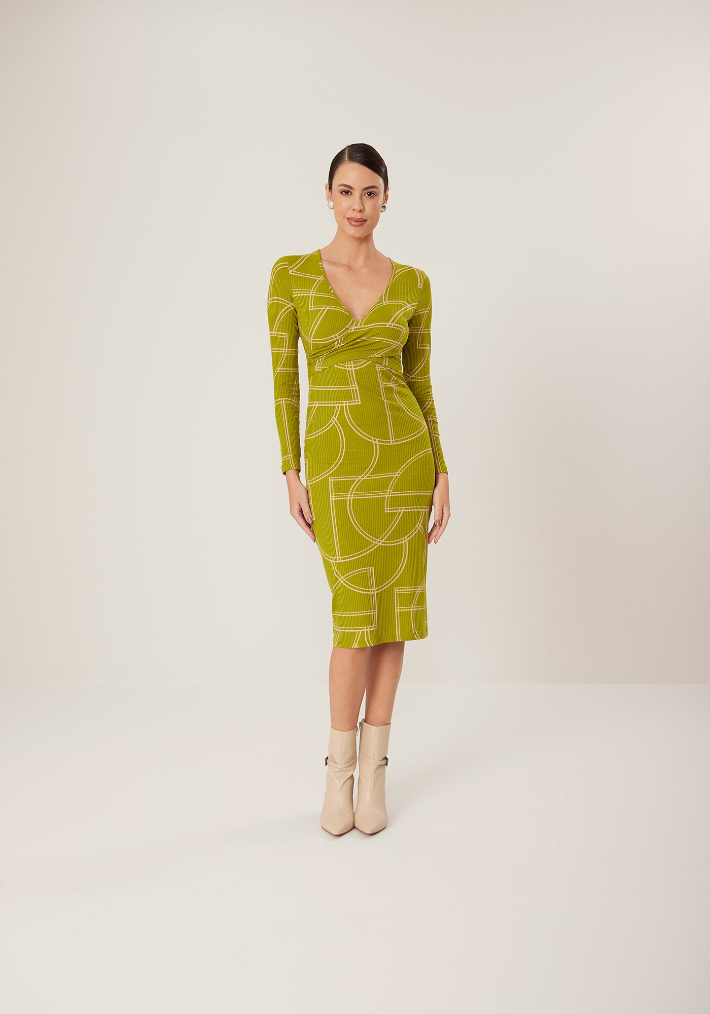 Vestido Estampado Midi Em Malha Canelada Com Recorte Frontal, , large.