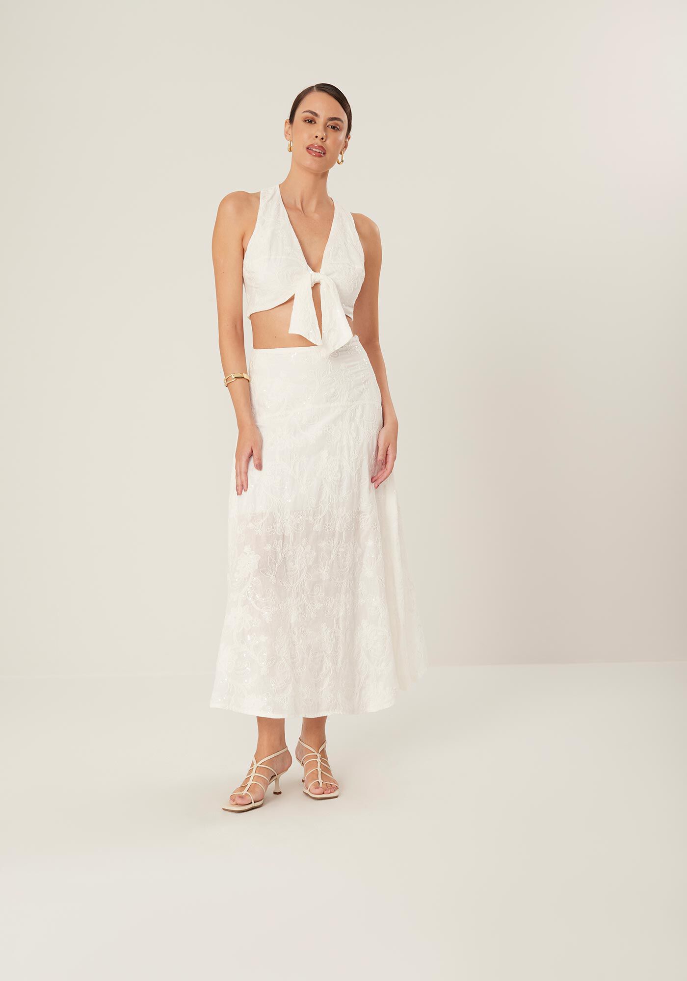 Saia Midi Evas&ecirc; em Tecido Bordado Paet&ecirc;s, , large.