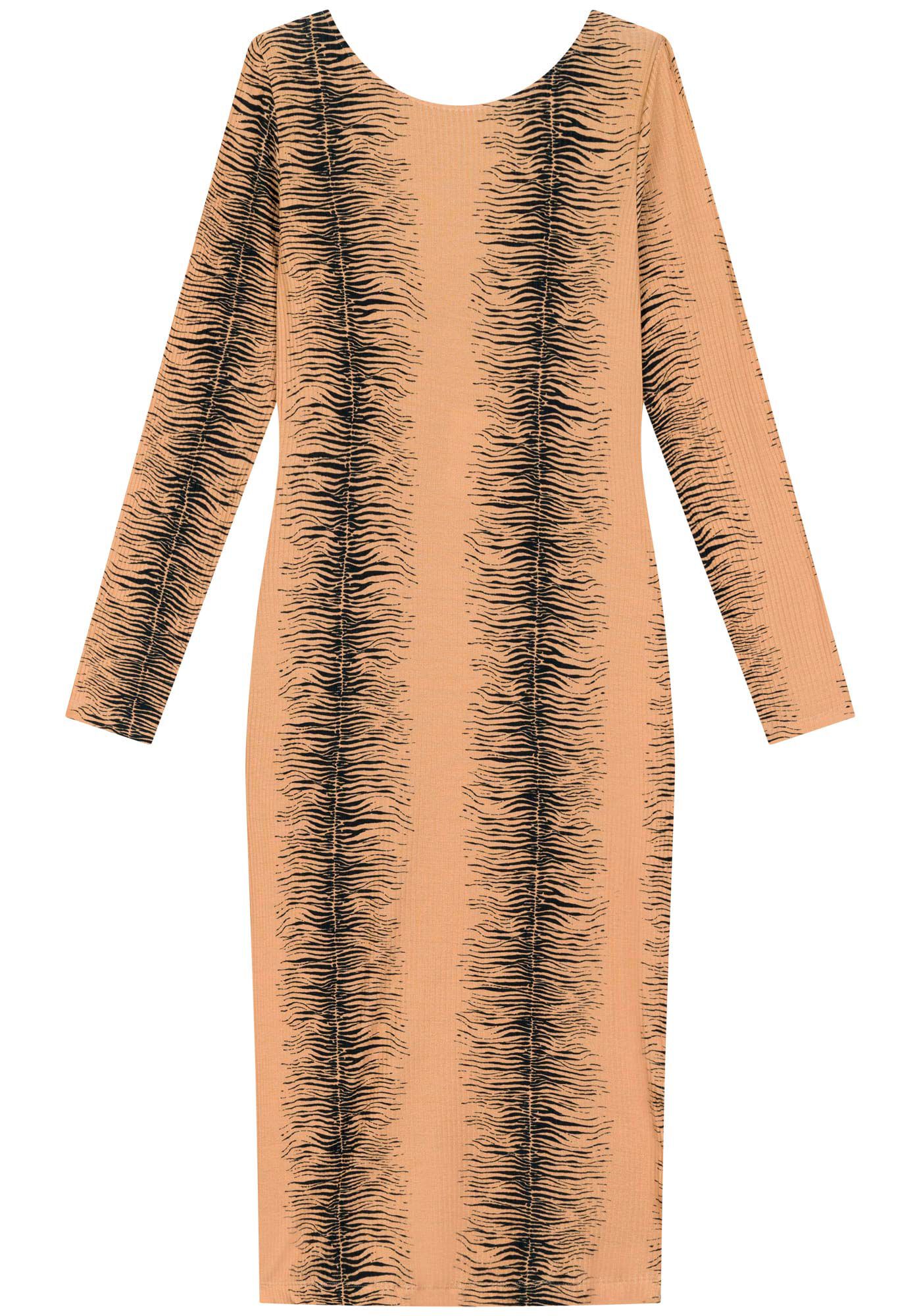 Vestido Midi Estampado De Mangas Longas Em Malha Canelada, ZEBRA STRIPES VERDE, large.