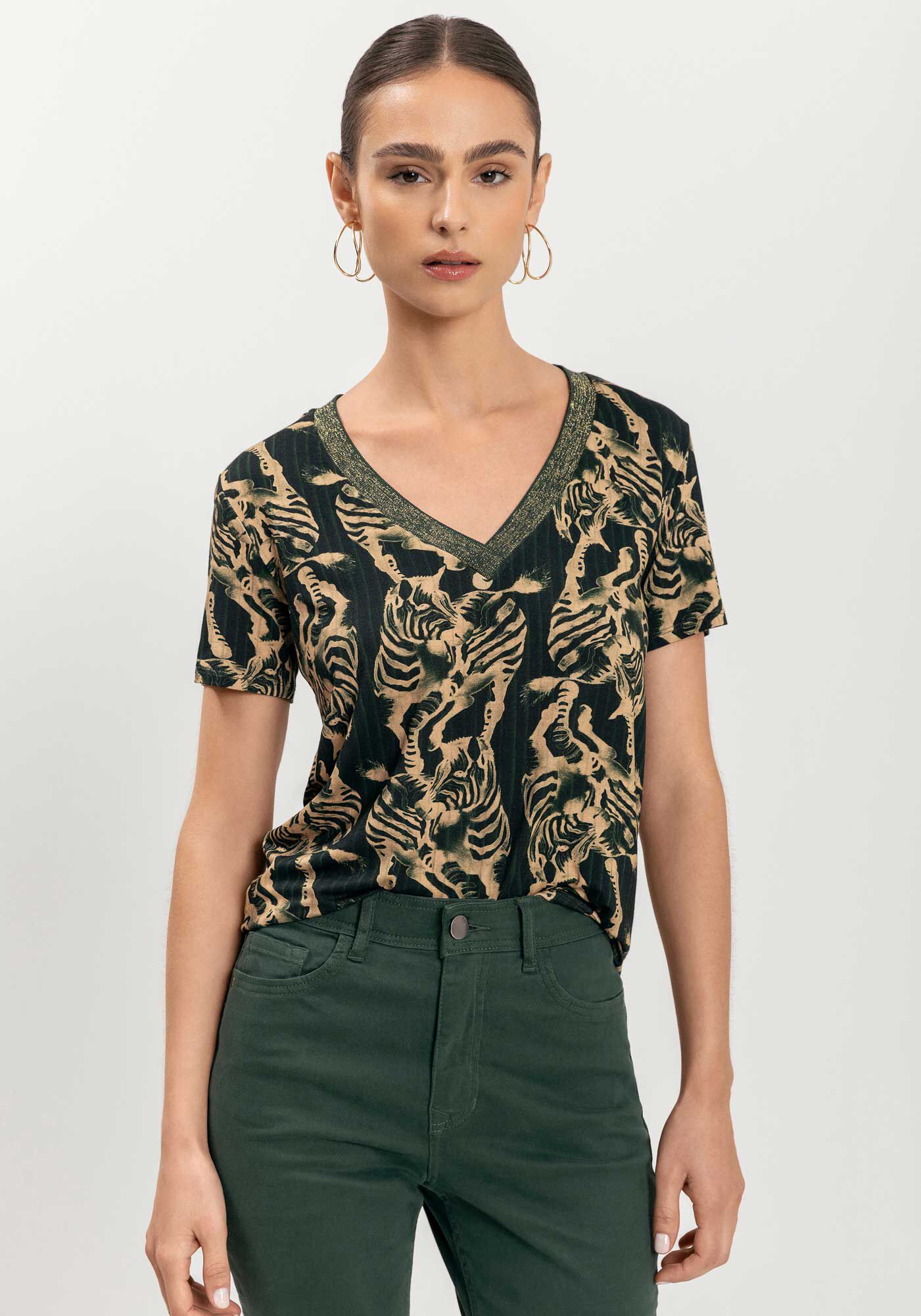 Blusa Estampada Com Mangas Curtas Em Malha De Viscose, , large.