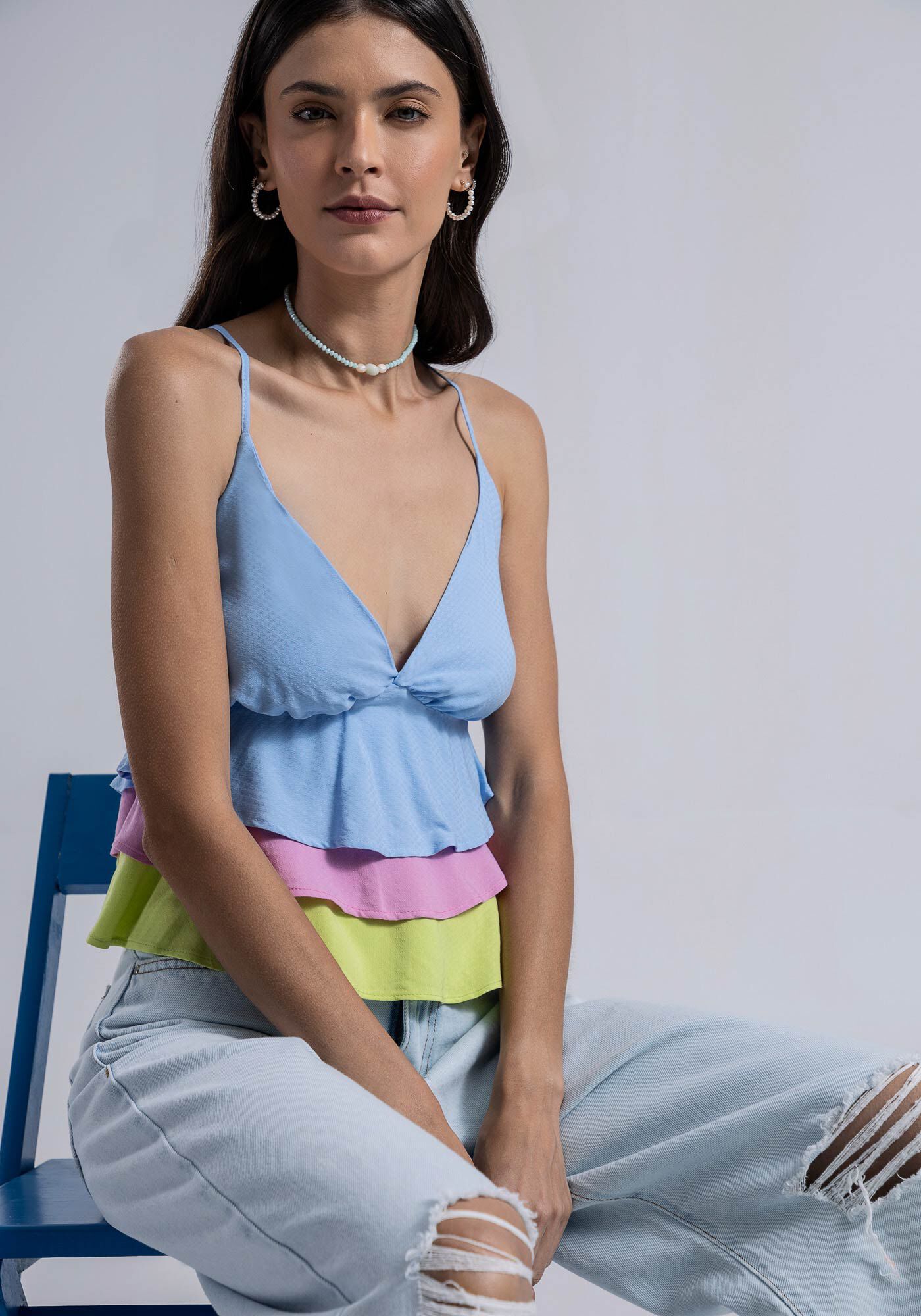 Blusa com Al&ccedil;as em Viscose com Babados Color, , large.